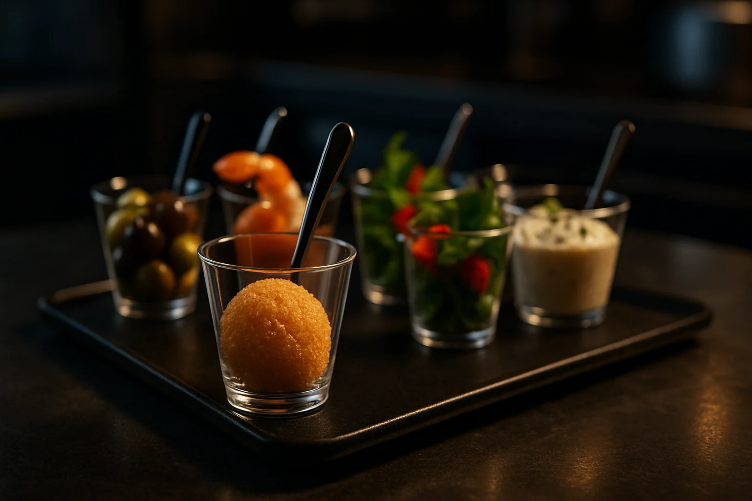 Fingerfood-Becher mit Portionen und Löffel