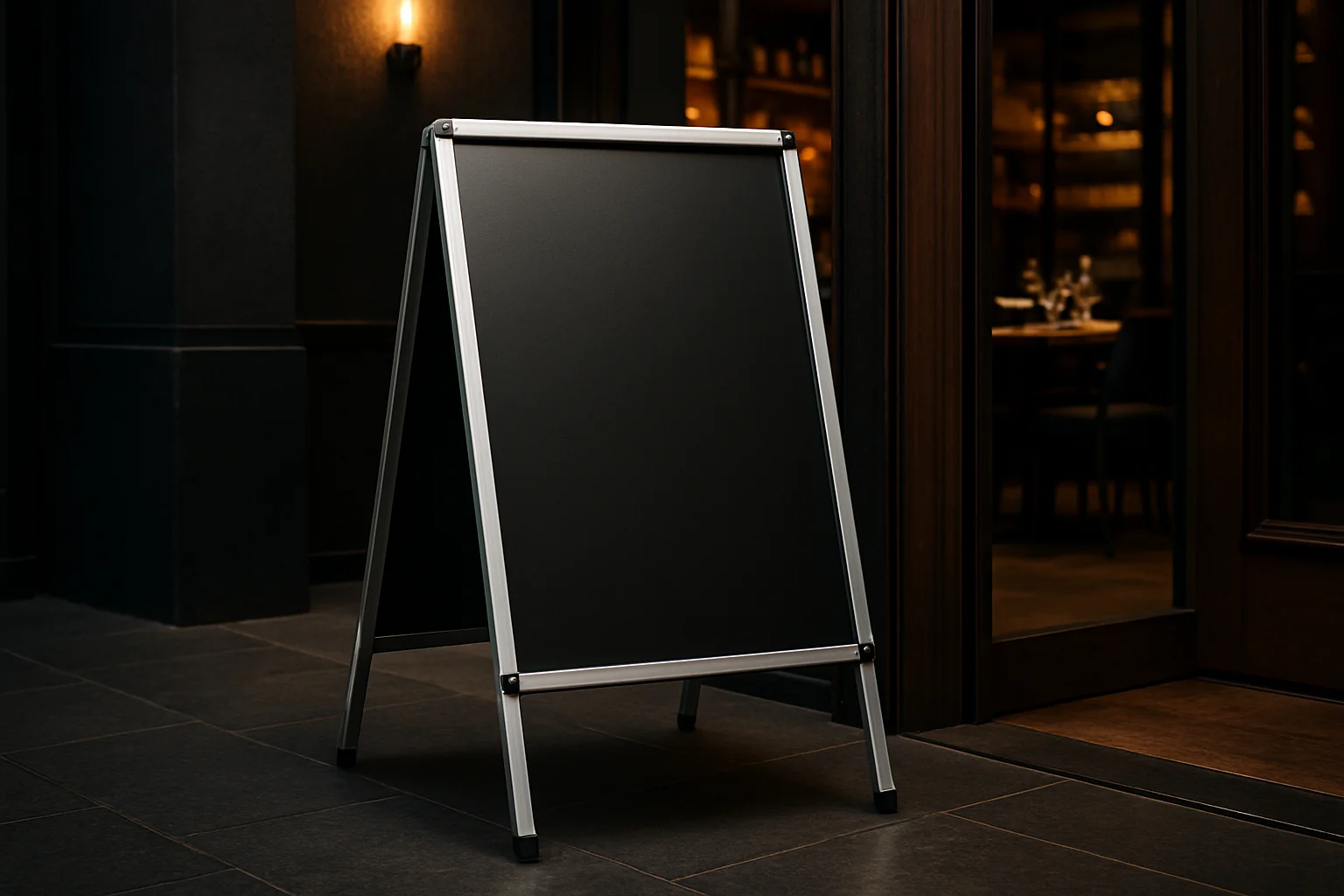 Kundenstopper vor Restaurant-Eingang auf Fußweg, wetterfester Aufsteller