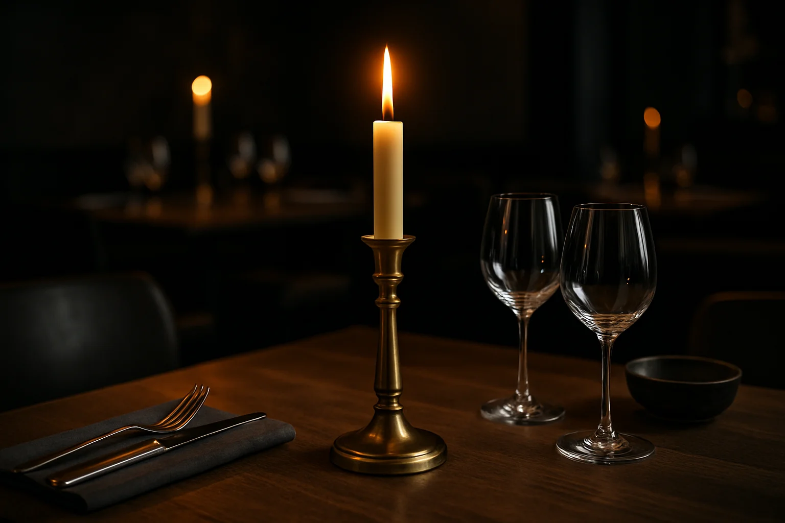 Kerzenhalter mit Kerze auf gedecktem Restauranttisch