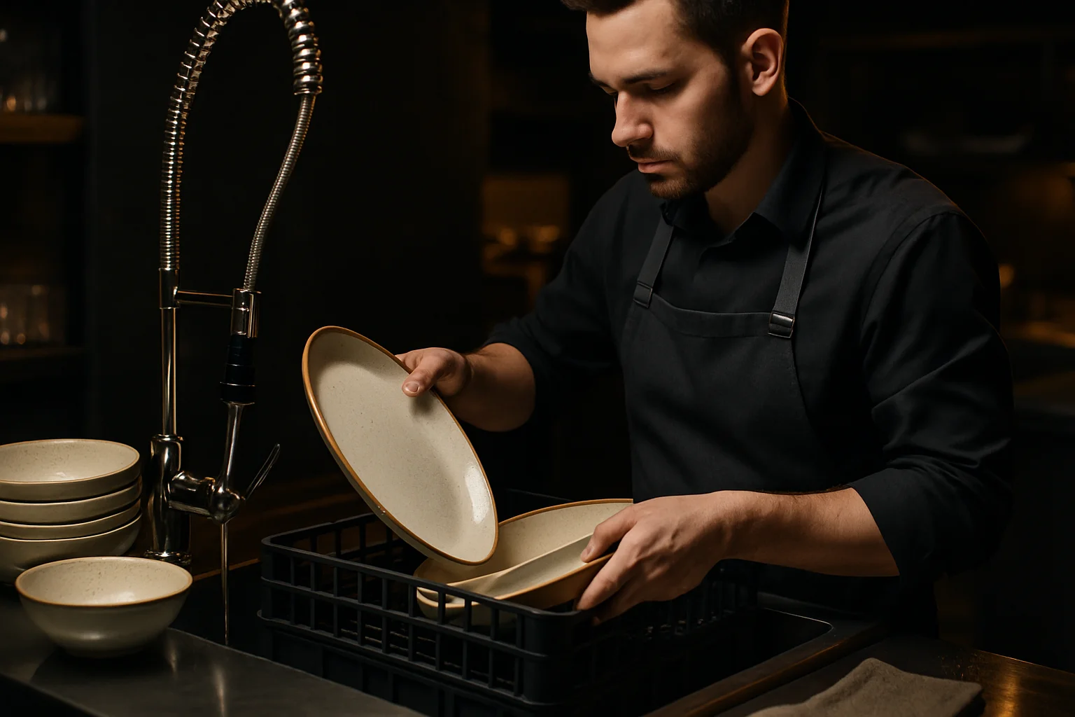 Servicekraft beim Befüllen und Reinigen von Serviergeschirr