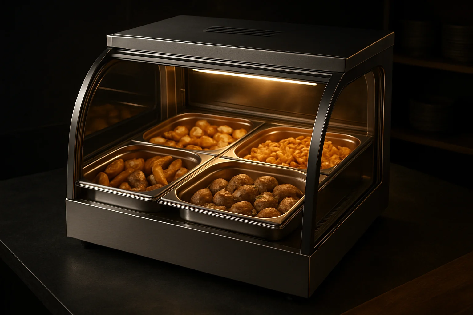 Warmhaltevitrine mit warmen Portionen auf GN-Blech im Buffet