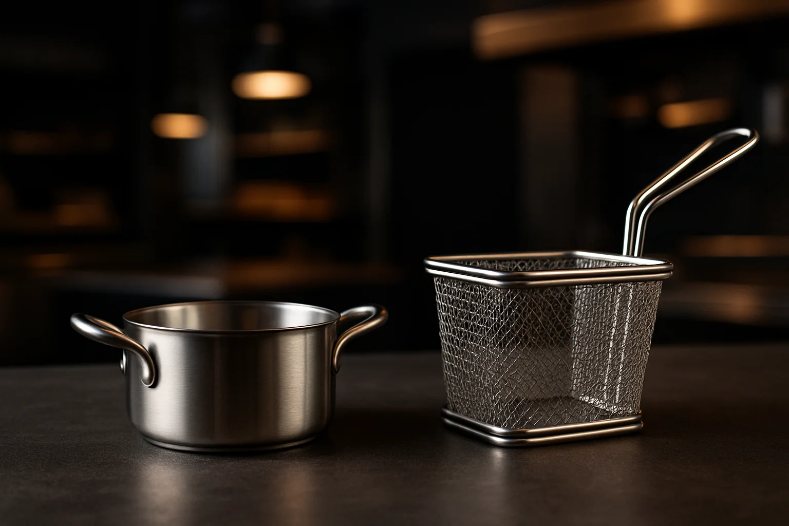 Mini-Servierkasserolle und Mini-Frittierkorb nebeneinander auf Serviertisch