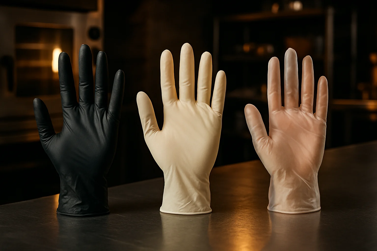 Nitril-, Latex- und Vinylhandschuhe auf Arbeitsfläche in Großküche