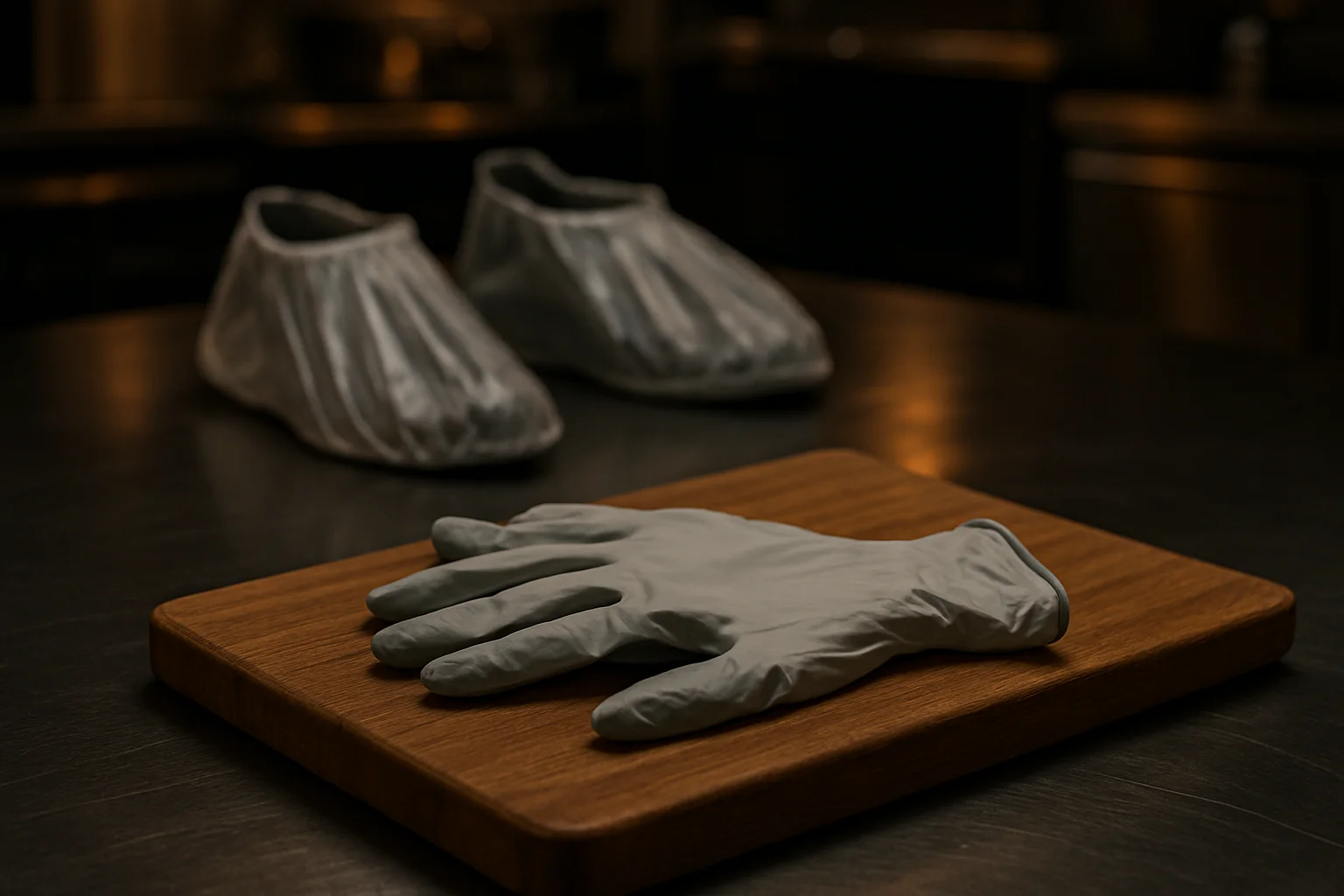 Auswahl von Handschuhen und Überziehschuhen in professioneller Küche