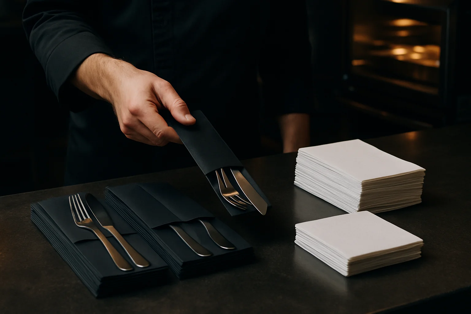Bestecktaschen und lose Servietten zur Veranschaulichung von Handhabung im Service