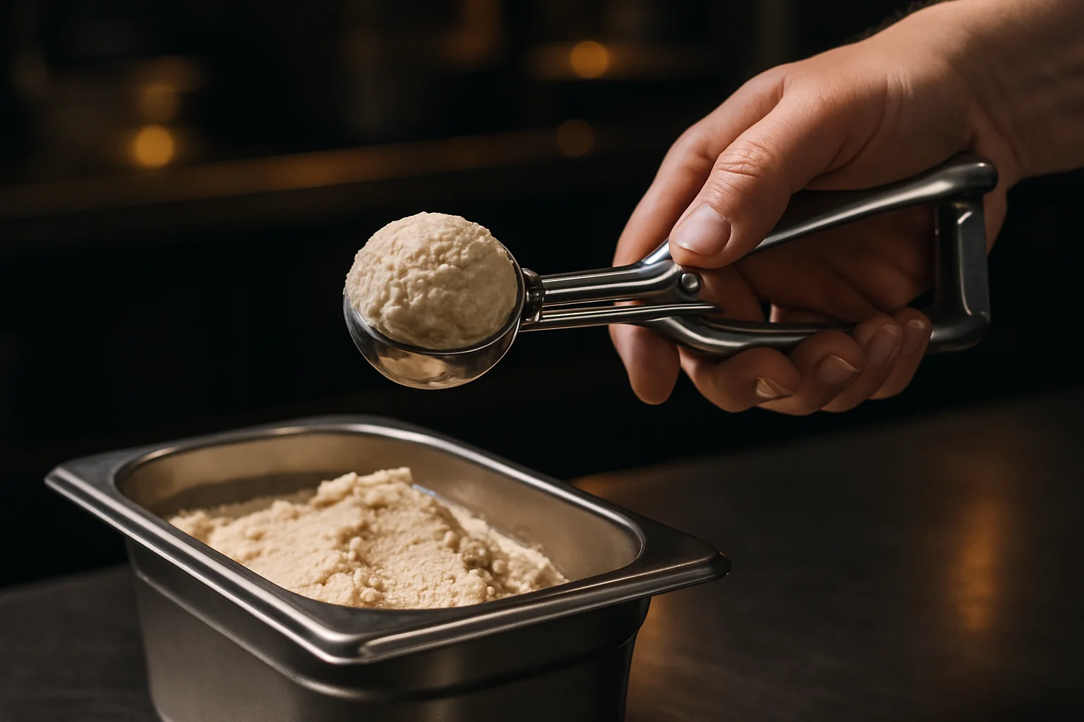 Gastronomischer Portionierer beim Entnehmen einer Eiskugel