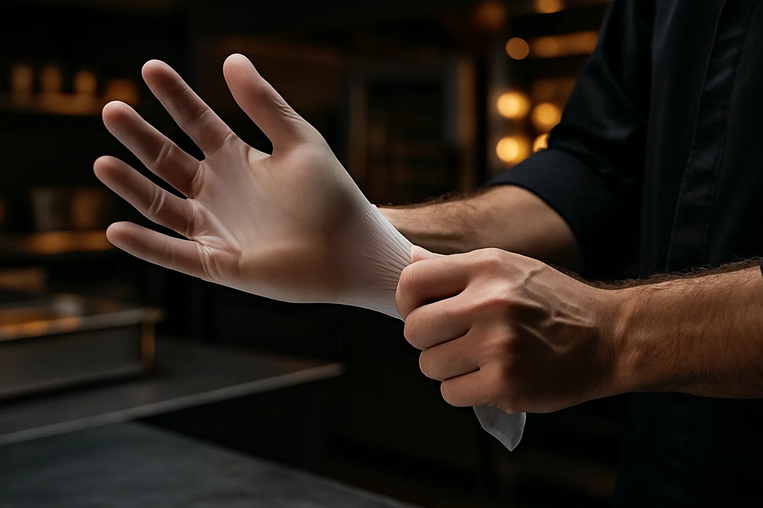 Hand zieht Einweghandschuh in Küchensituation an