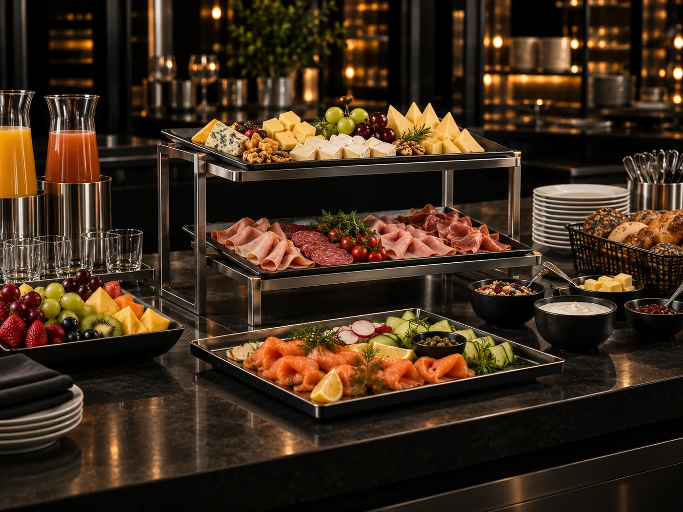 Professionelle Buffettheke und Ausgabestation für ein Frühstücksbuffet in Hotel und Gastronomie