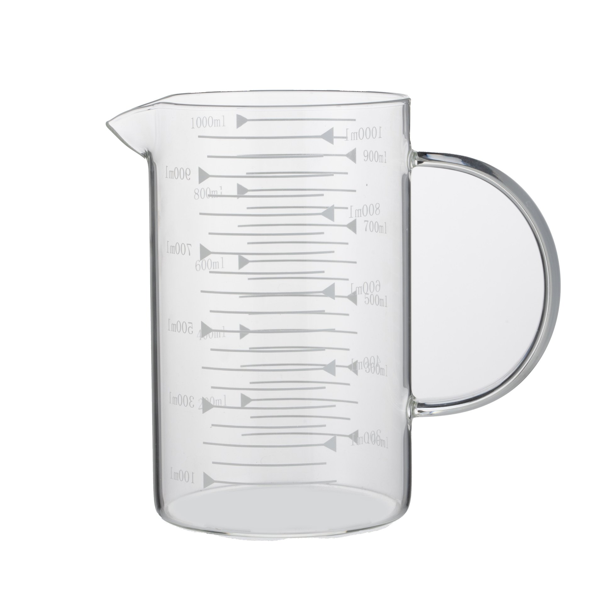 Messbecher, Ø 10 cm, 1,0 ltr., mit 50 ml Skalierung, Borosilikatglas Messbecher, Ø 10 cm, 1,0 ltr., mit 50 ml Skalierung, Borosilikatglas