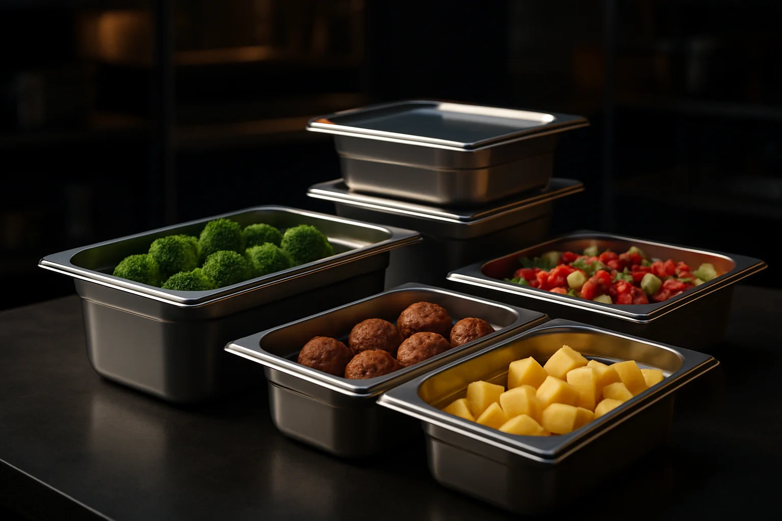 Verschiedene GN-Behälter mit portionierten Speisen zur Planung von Kapazität
