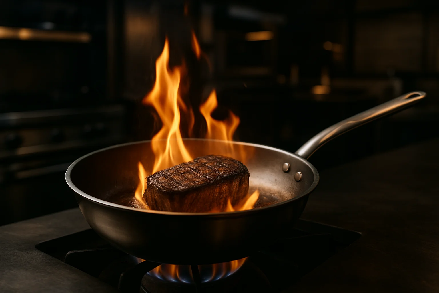 Profi Bratpfanne mit Steak auf Herd