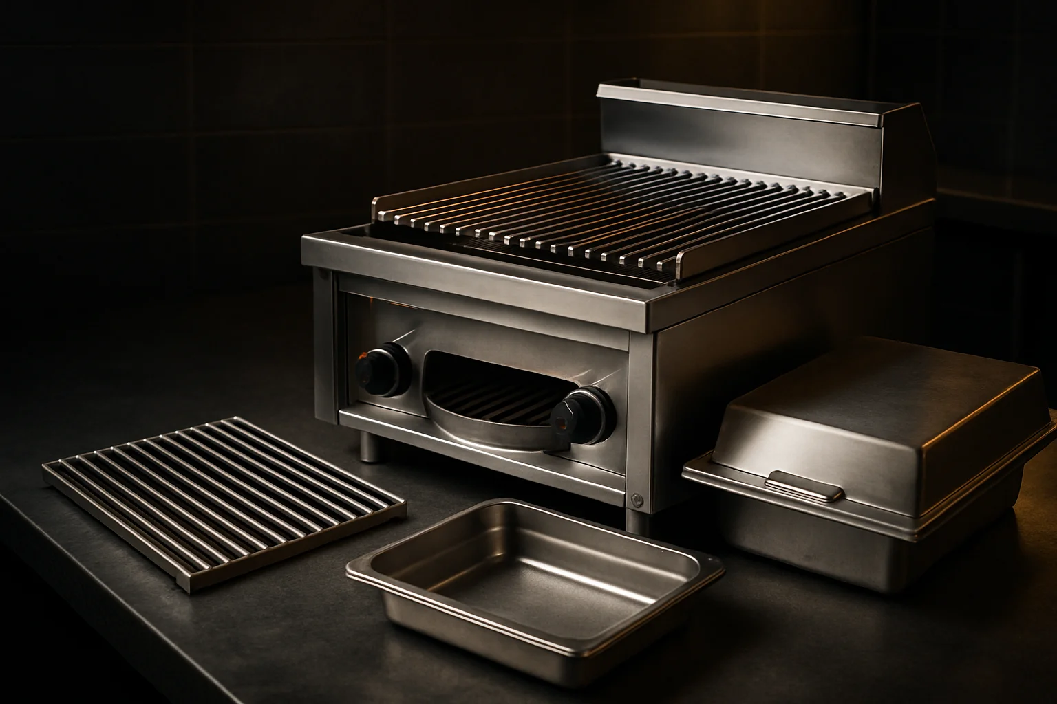 Professioneller Gastronomiegrill mit Zubehör wie Rost und Auffangbehälter in einer Großküche
