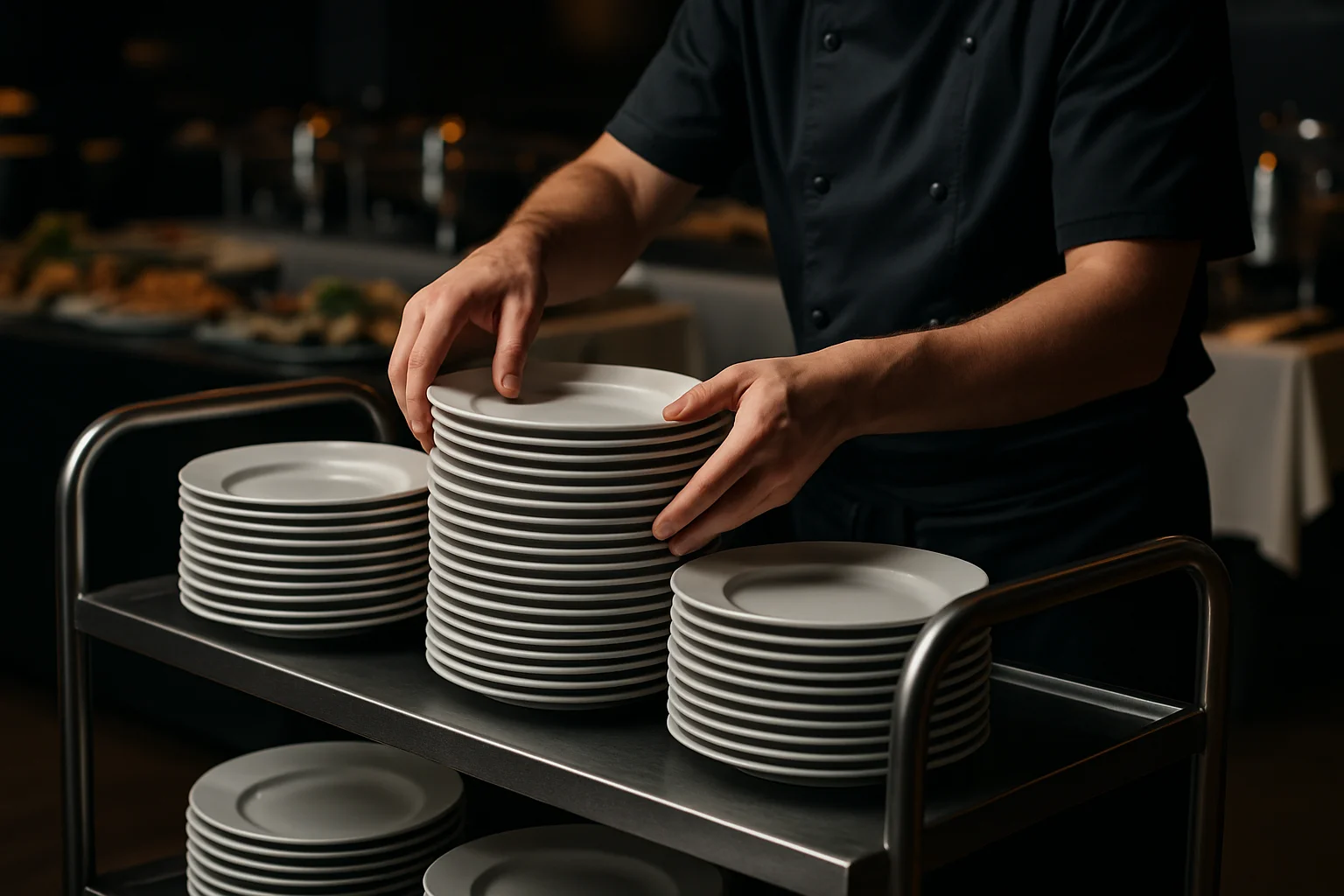 Servicepersonal stapelt Porzellan-Fingerfood-Teller auf einem Servierwagen