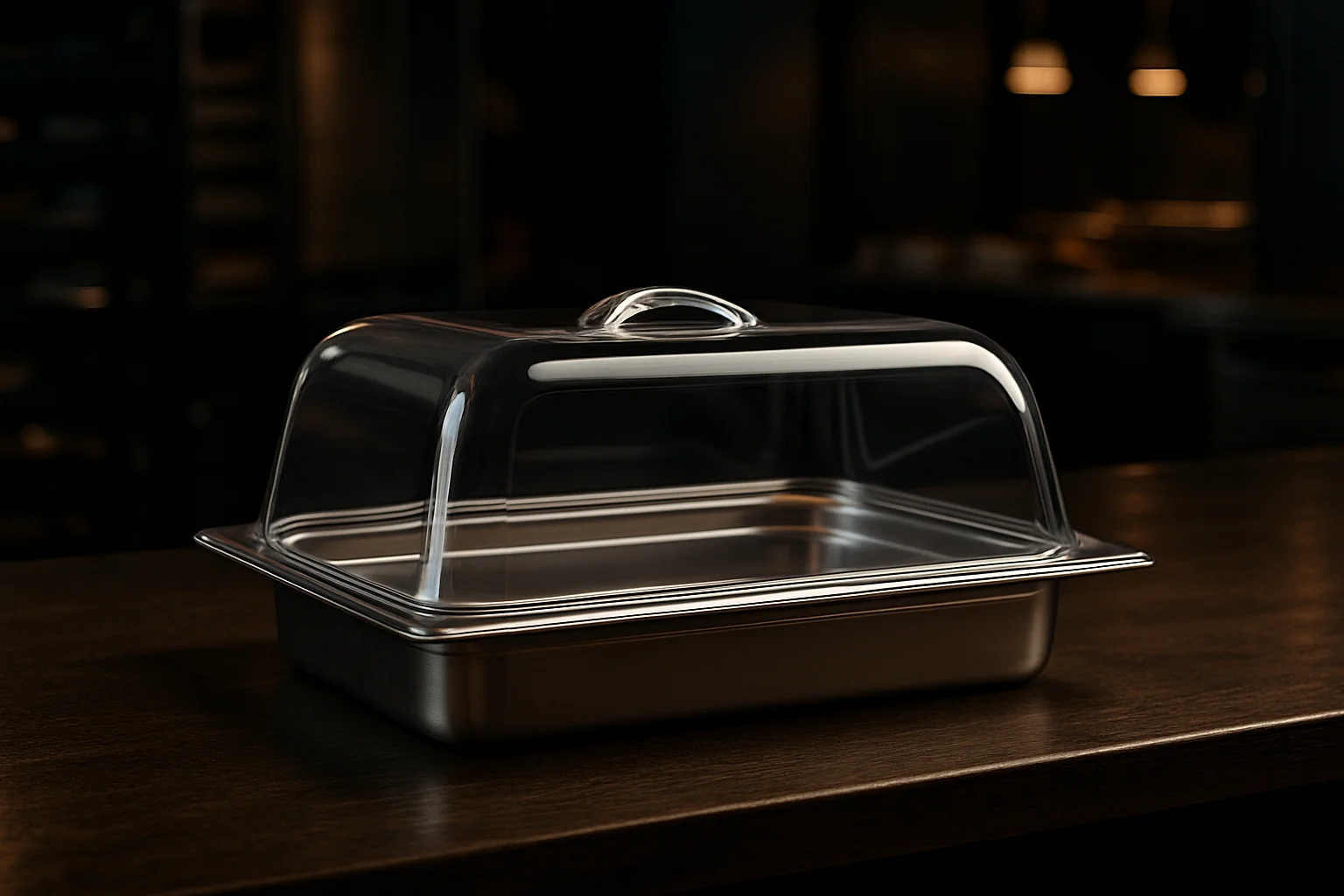 Transparente GN Abdeckhaube über GN-Behälter im Buffet