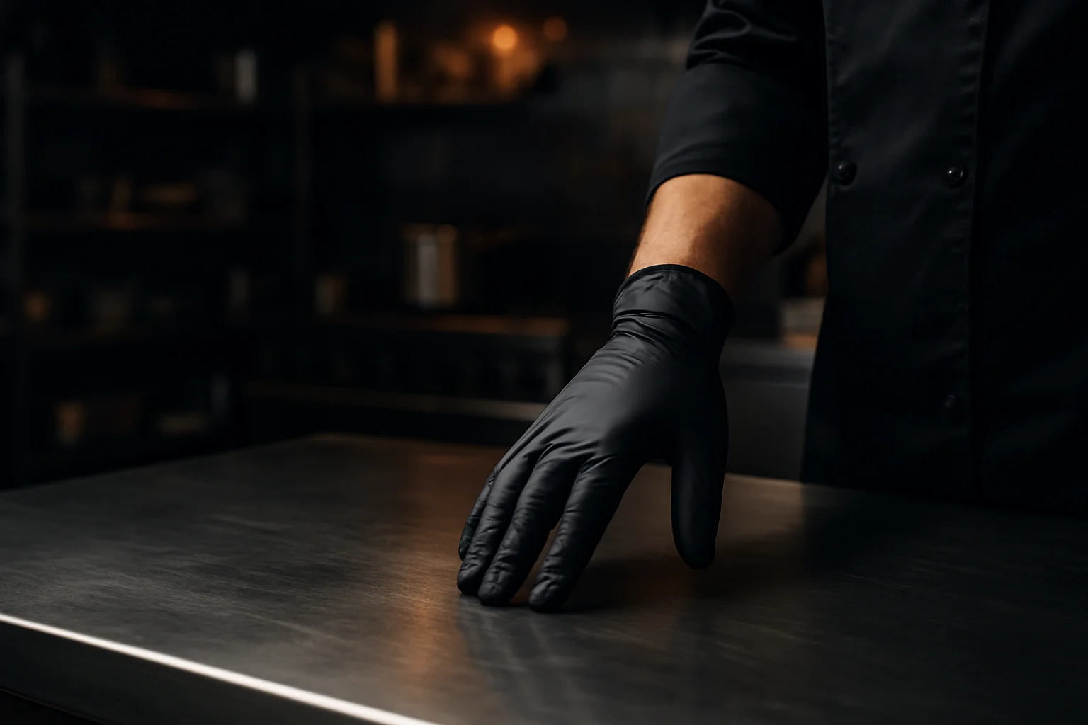 Hand in Handschuh über Edelstahl-Arbeitstisch in professioneller Küche