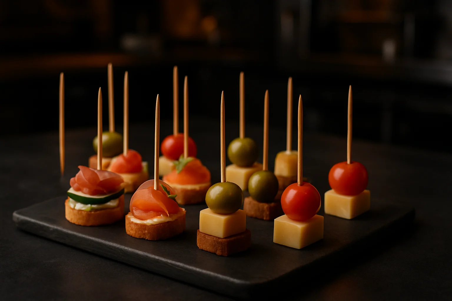 Zahnstocher mit Fingerfood-Häppchen auf Servierbrett