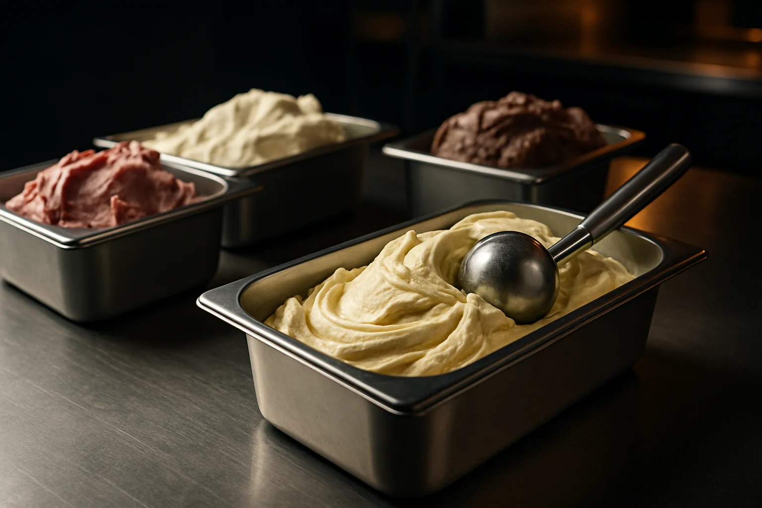 Eiscreme Behälter auf Edelstahlarbeitsfläche in professioneller Küche