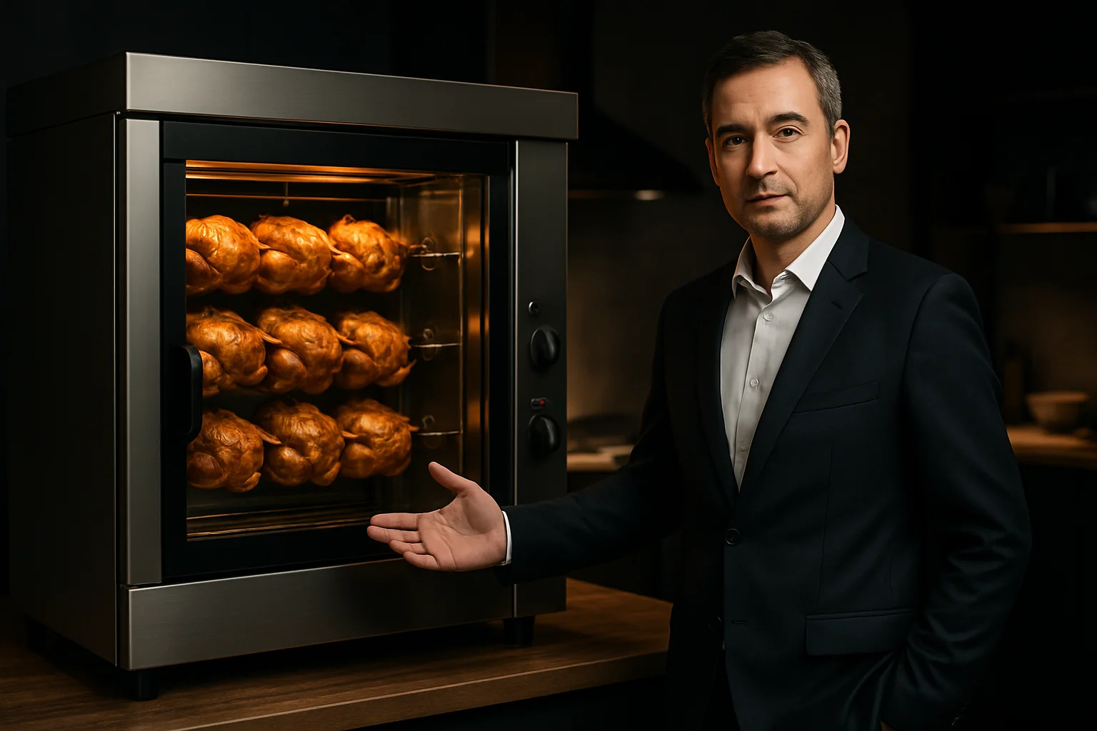Rotisserie-Hähnchengrill in einem gastronomischen Umfeld