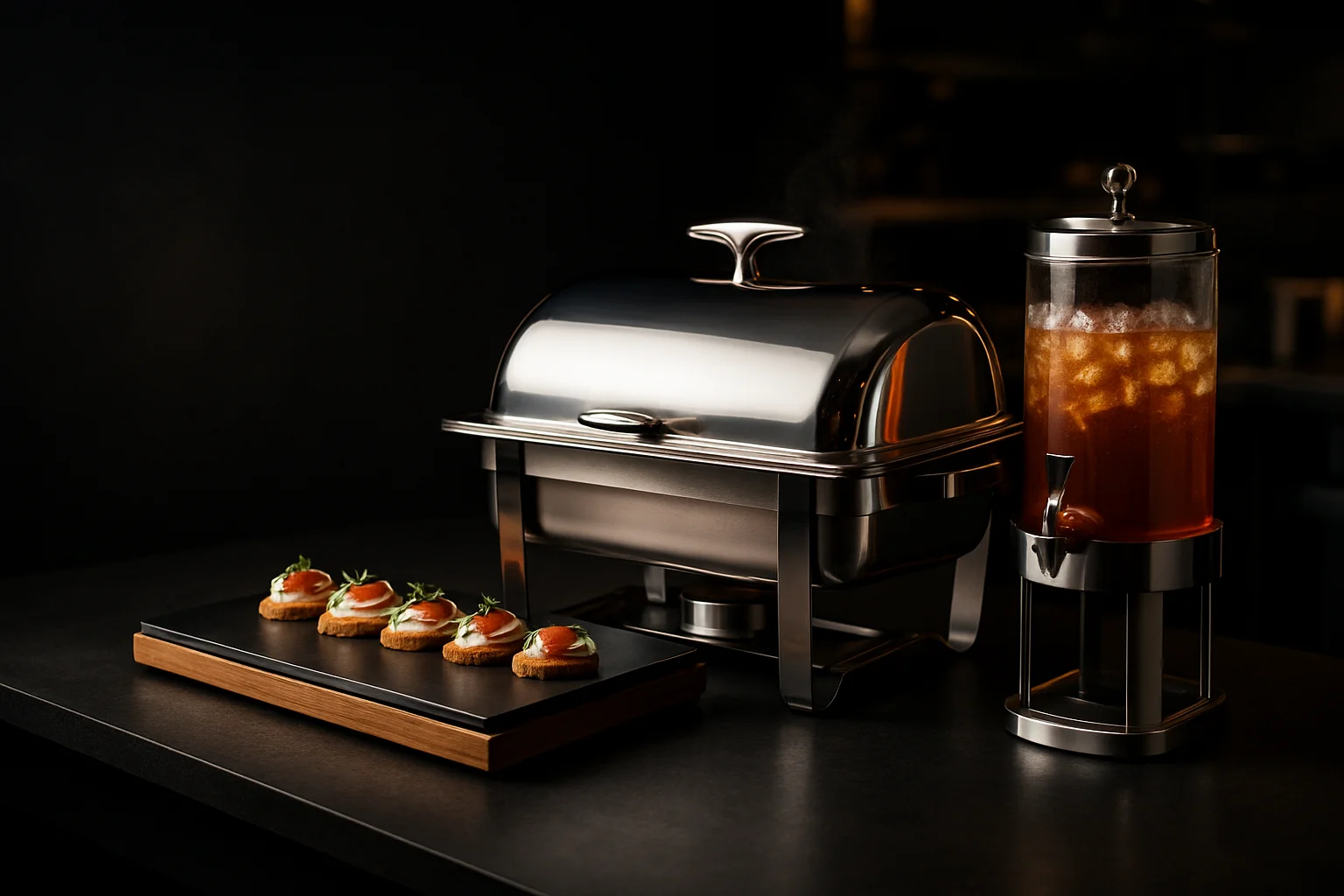 Buffetpräsentation mit Chafing Dish, Buffetplatte und Getränkedispenser