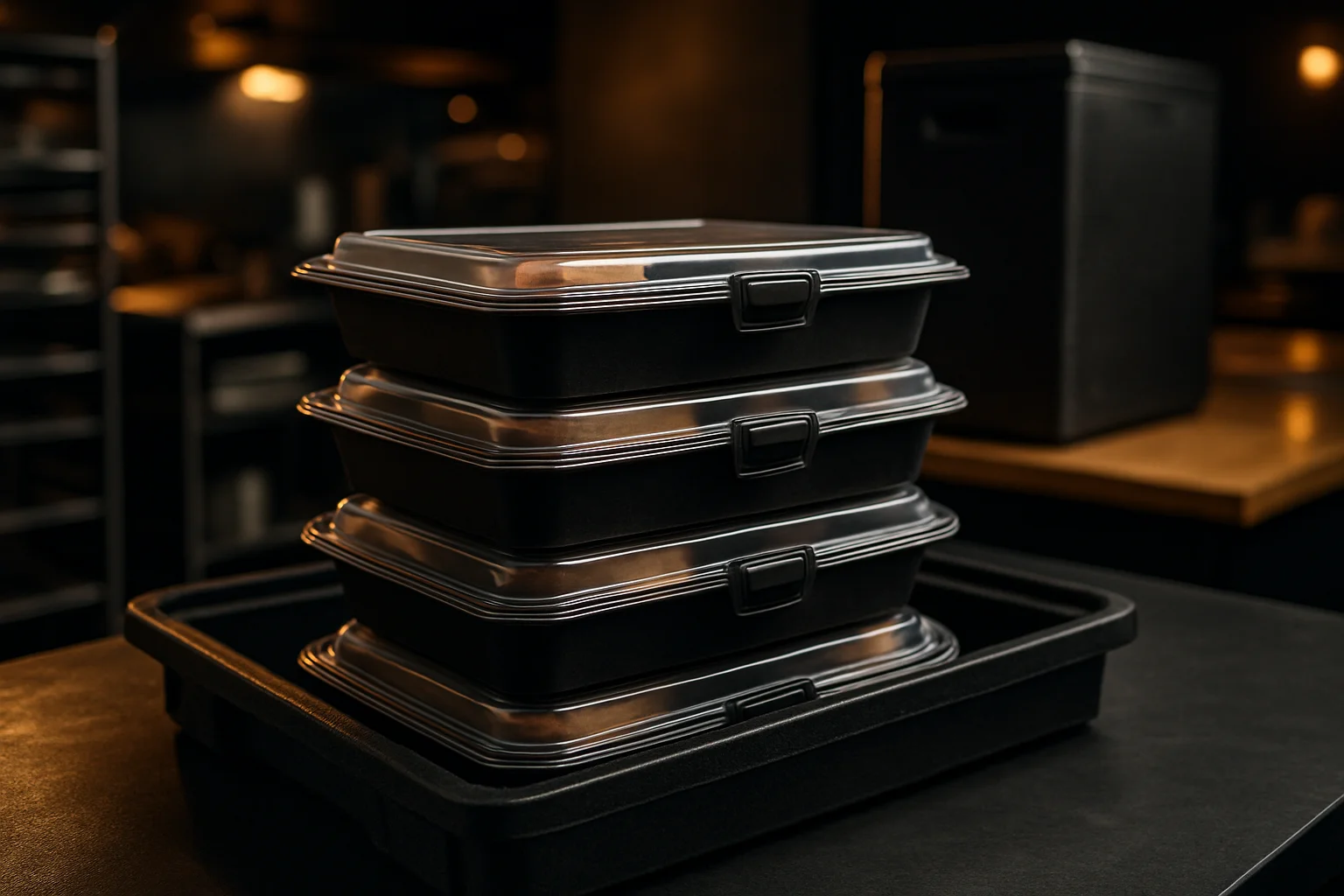 Transporttray mit verschlossenen Snackboxen im Lieferkontext