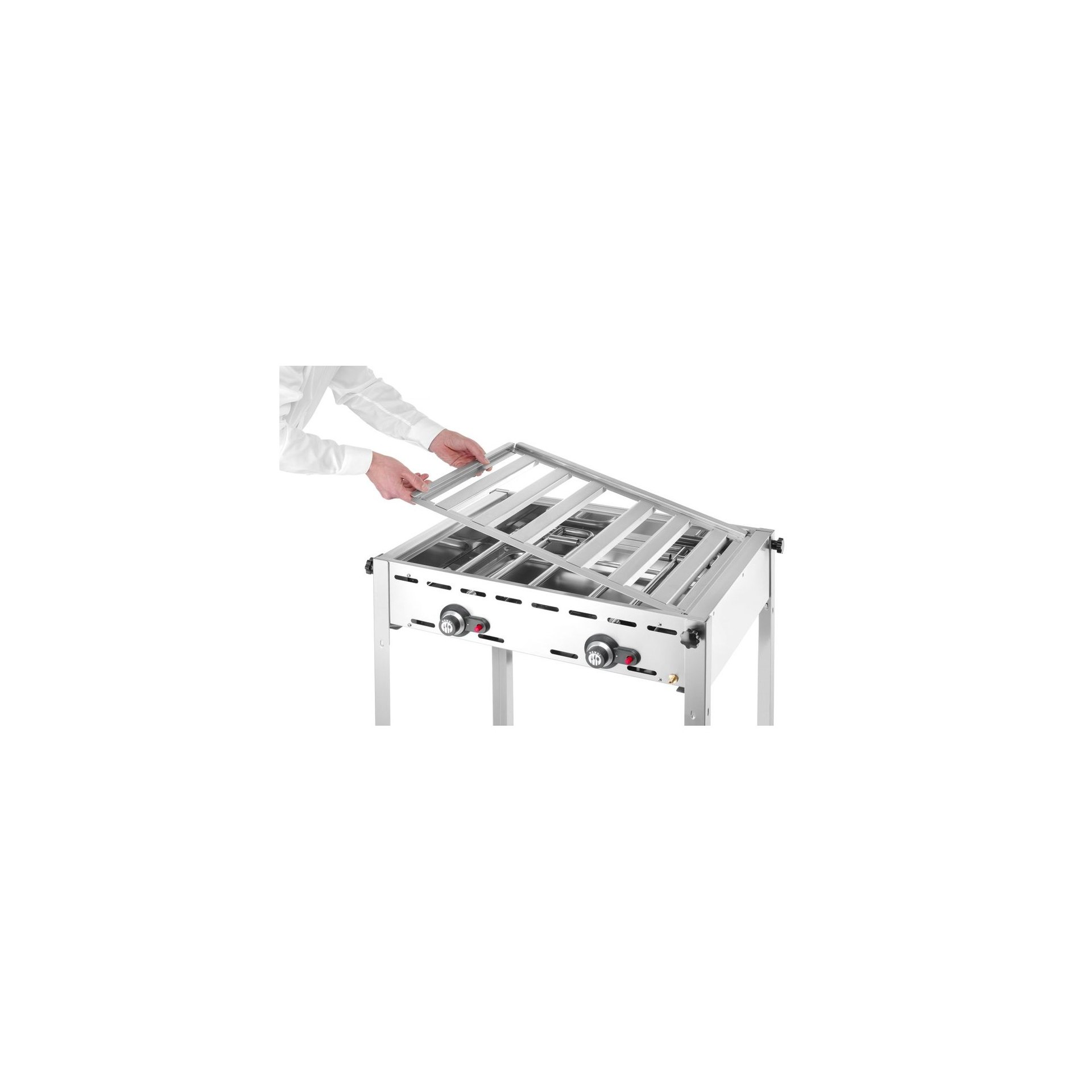 Grillsystem Green Fire mit 2 Brennern, Profi Line, Emaillierte Grillplatte und Grillrost aus Gusseisen GN 1/1, 11,6kW, 740x615x(H)825mm