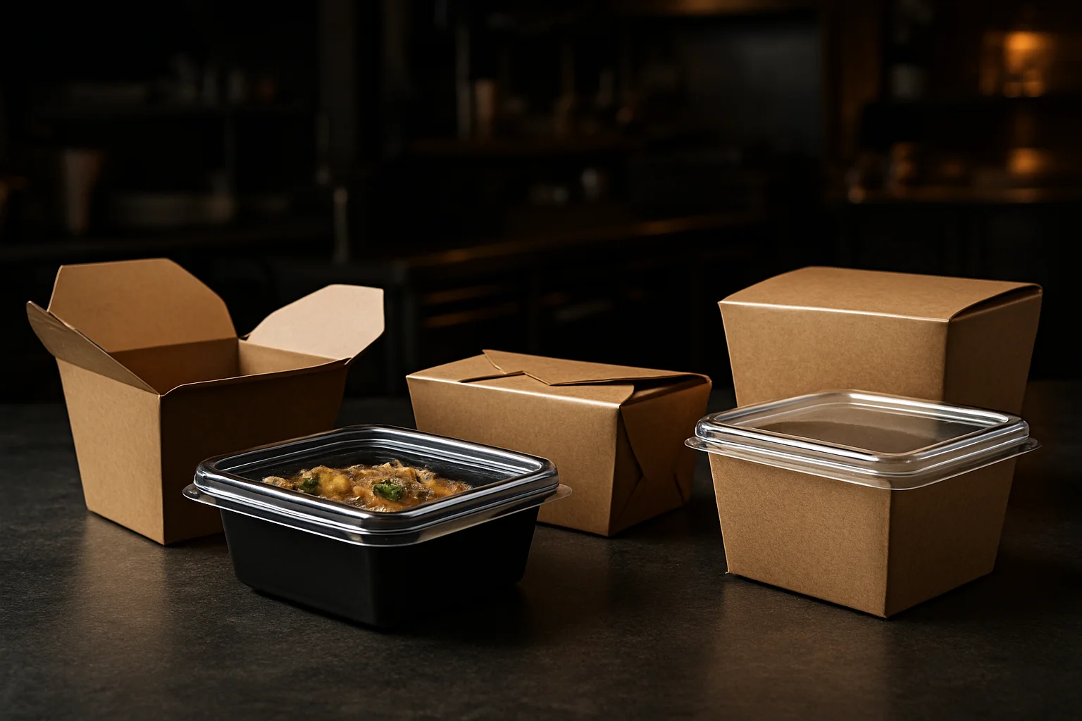 Unterschiedliche Verschlussarten von Take-away-Verpackungen in der Küche