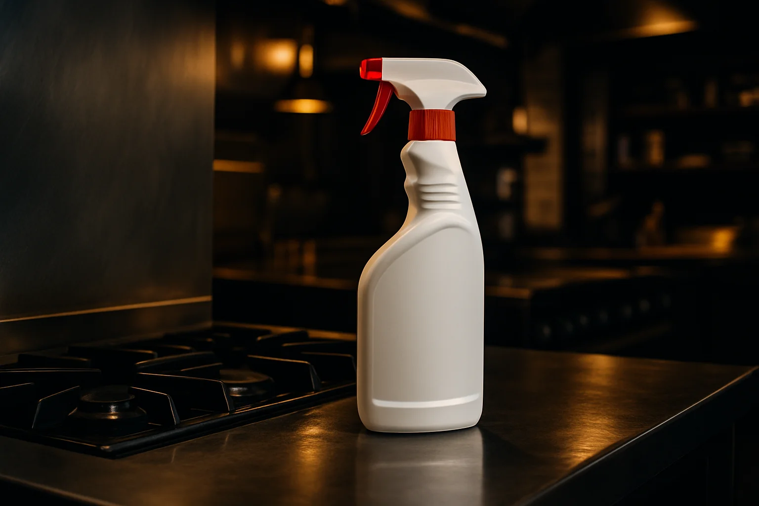 Küchenreiniger Flasche auf Herd in Gewerbeküche