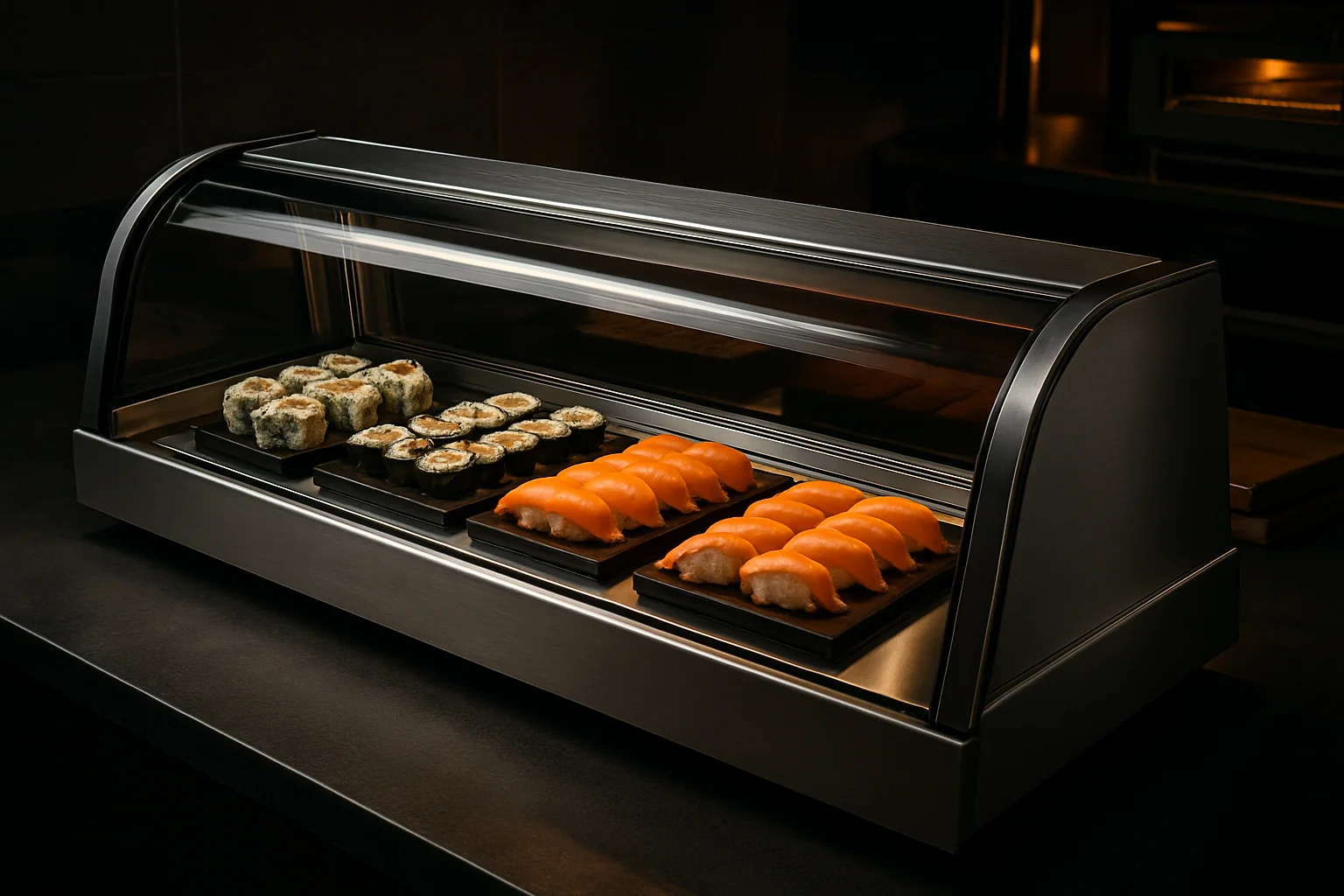 Sushivitrine mit frischen Sushi-Platten zur Ausgabe