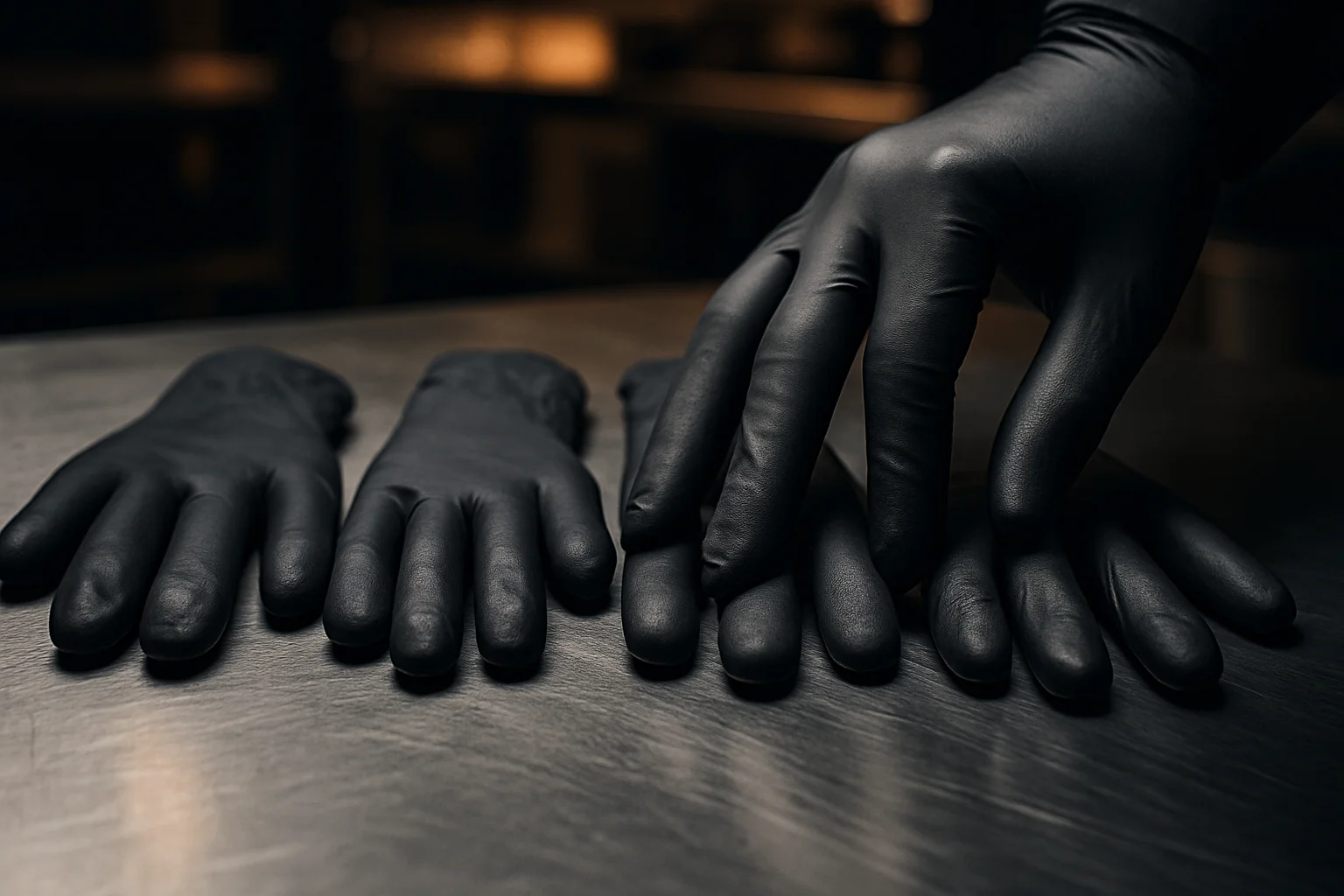 Unterschiedliche Handschuhgrößen nebeneinander auf Edelstahlfläche zur Passformprüfung