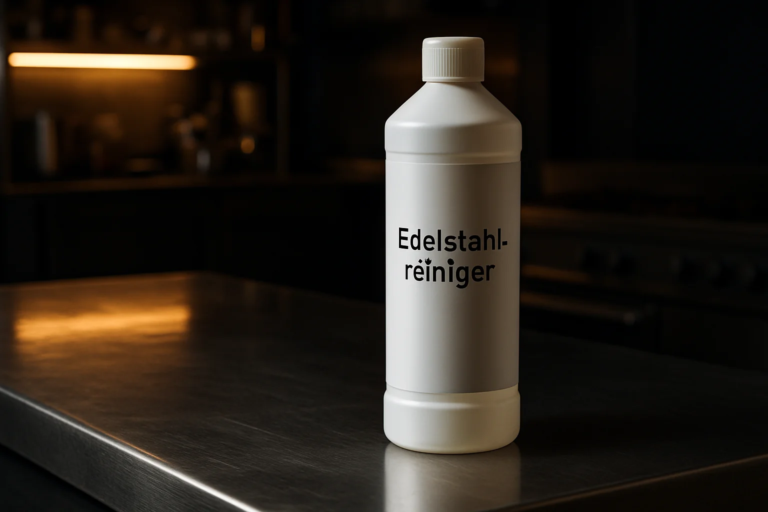 Edelstahlreiniger Flasche auf polierter Edelstahlfläche