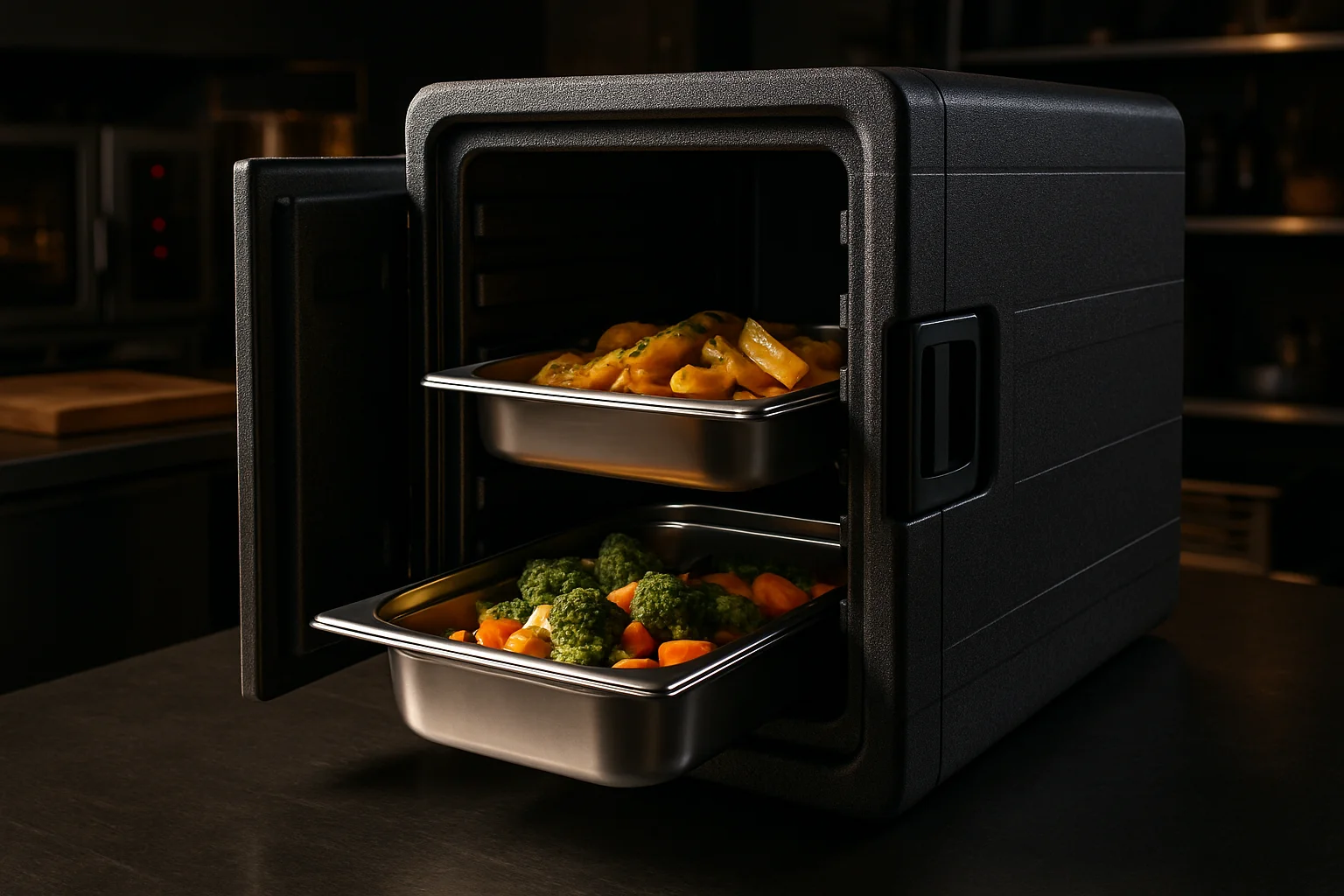 isolierte thermobox mit warmen speisen im professionellen transport