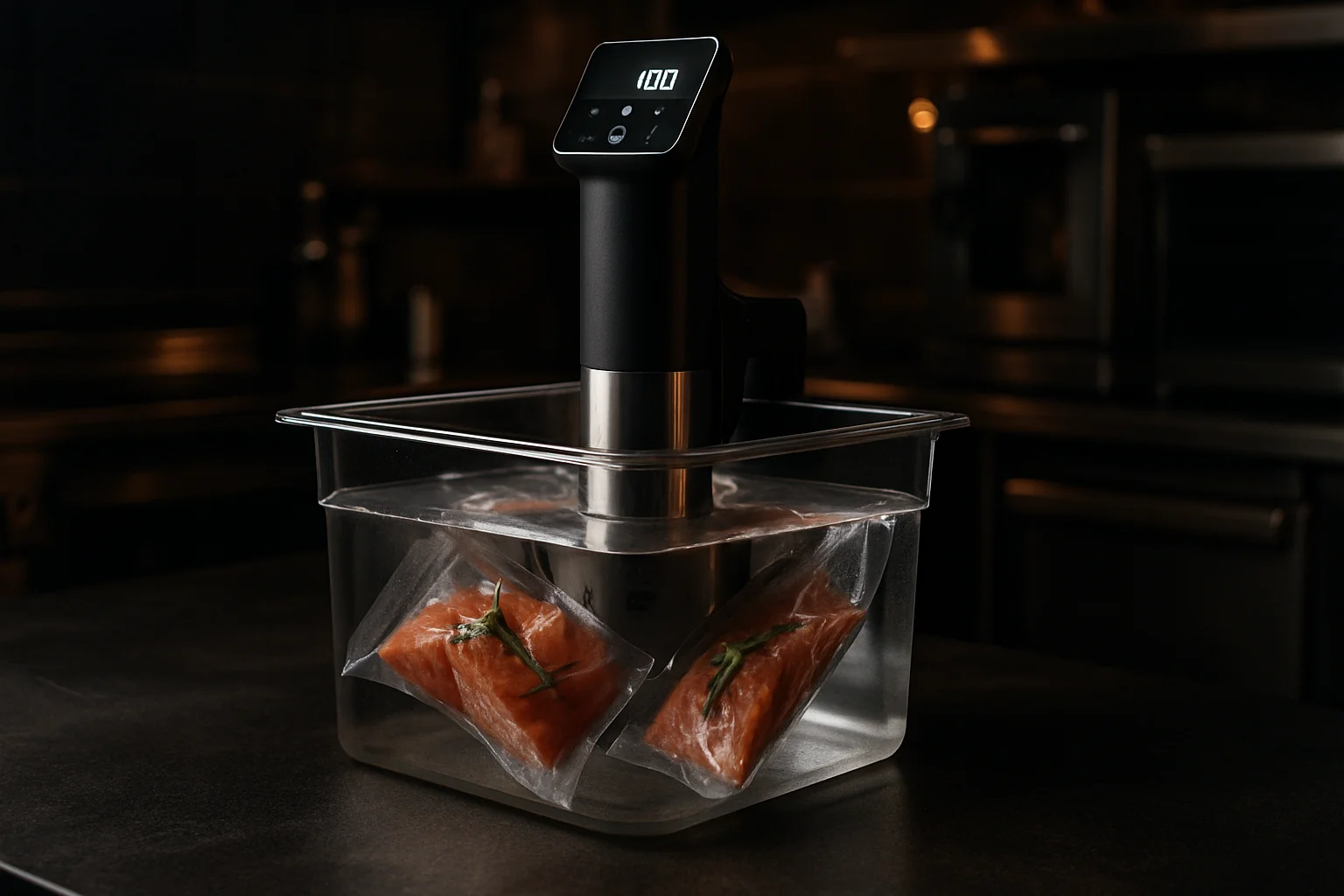 Sous‑Vide-Gerät mit vakuumierten Portionen in Profi-Küche