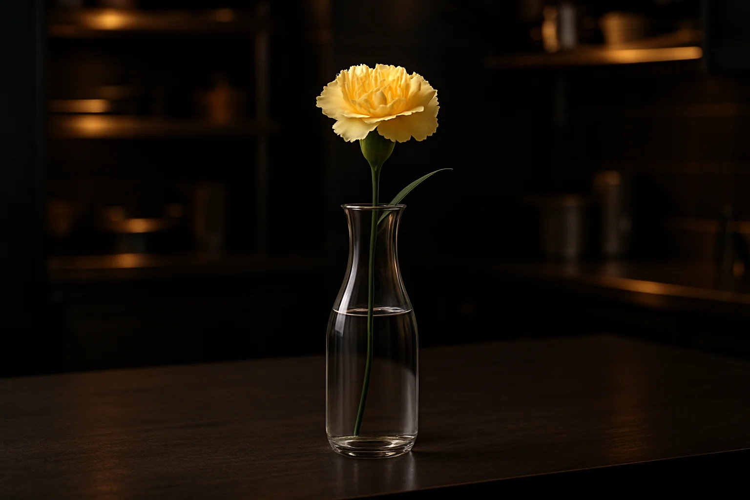 Schlichte Glasvase mit Einzelblume auf Tisch