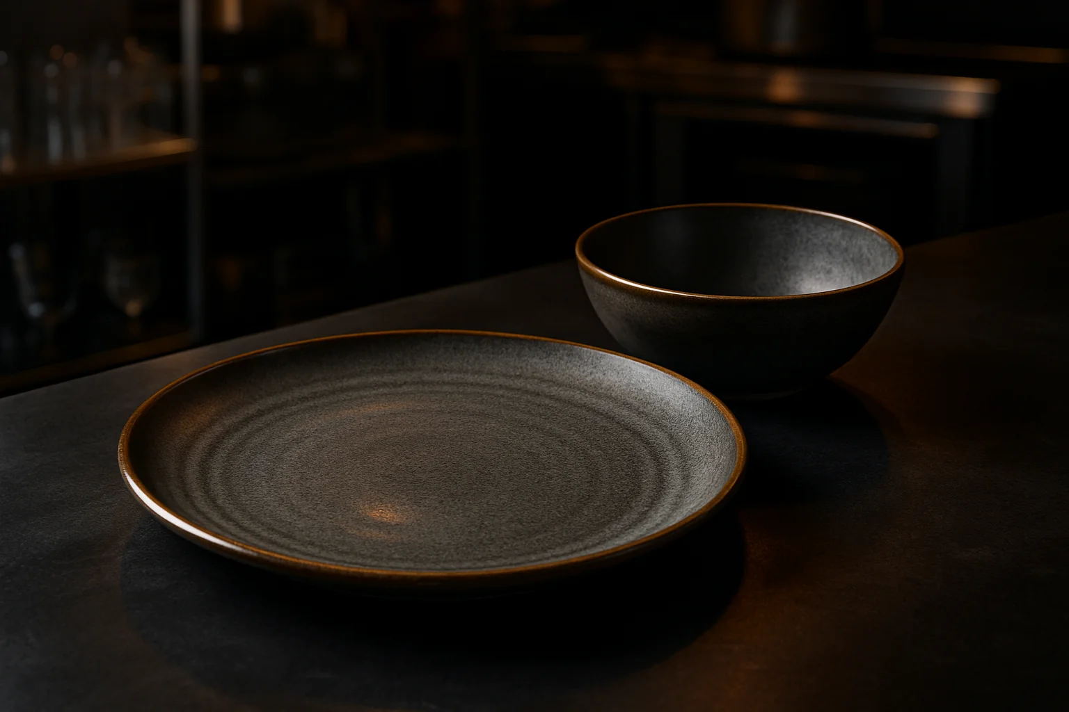 Geschirrserie STEEL & STYLE HERITAGE auf dunklem Gastro-Tabletop, Teller und Schale sichtbar