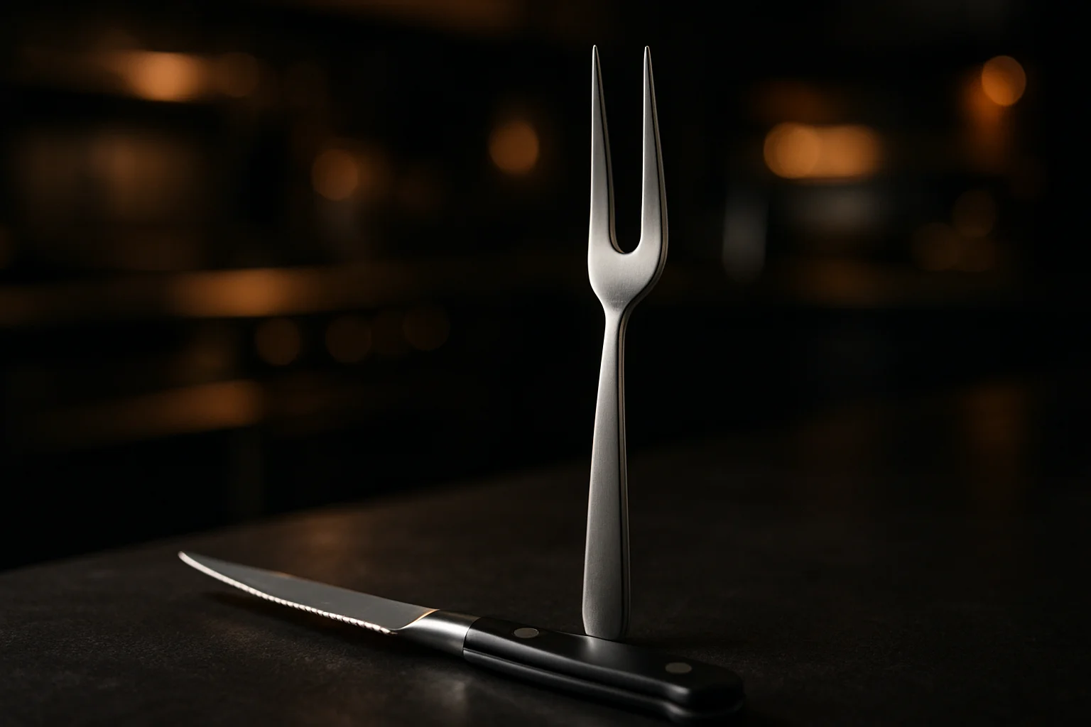 steakgabel neben steakmesser auf dunklem hintergrund