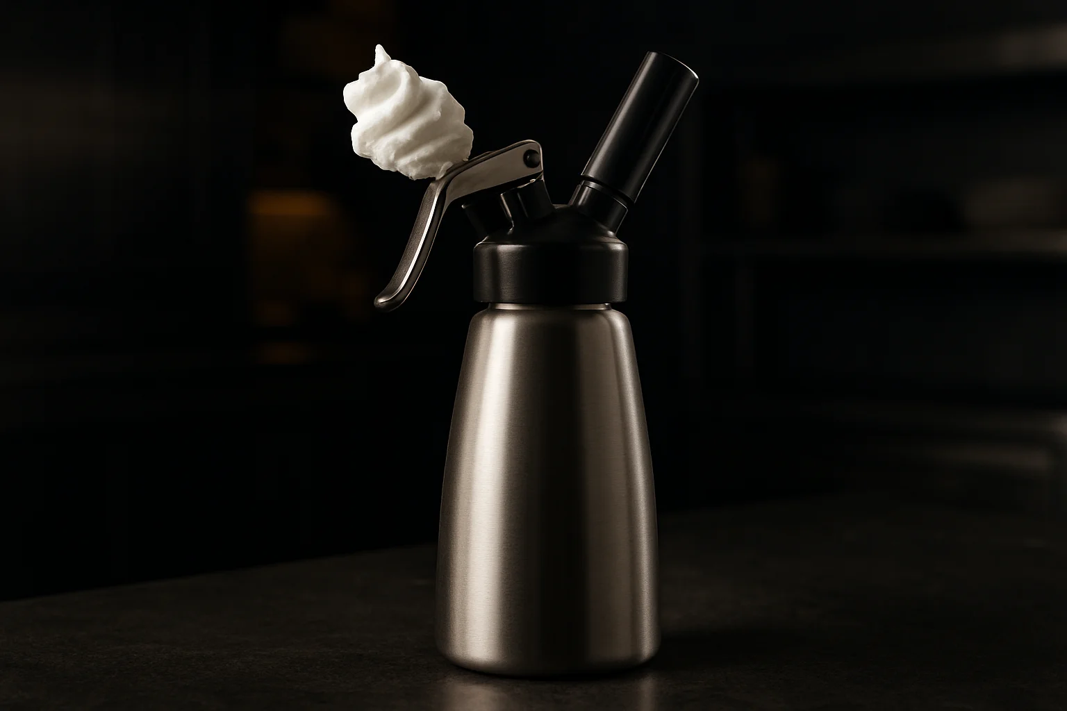 gasbetriebener siphon mit frisch aufgeschäumter mousse in profi-umgebung