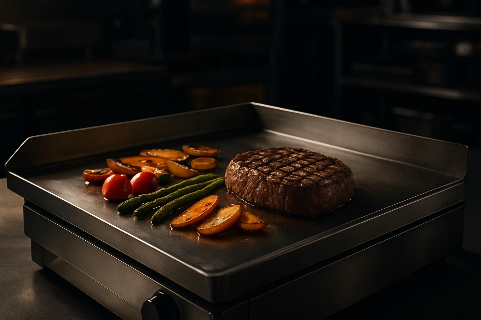 Grillplatte (Plancha) in Gewerbeküche mit Steak und Gemüse