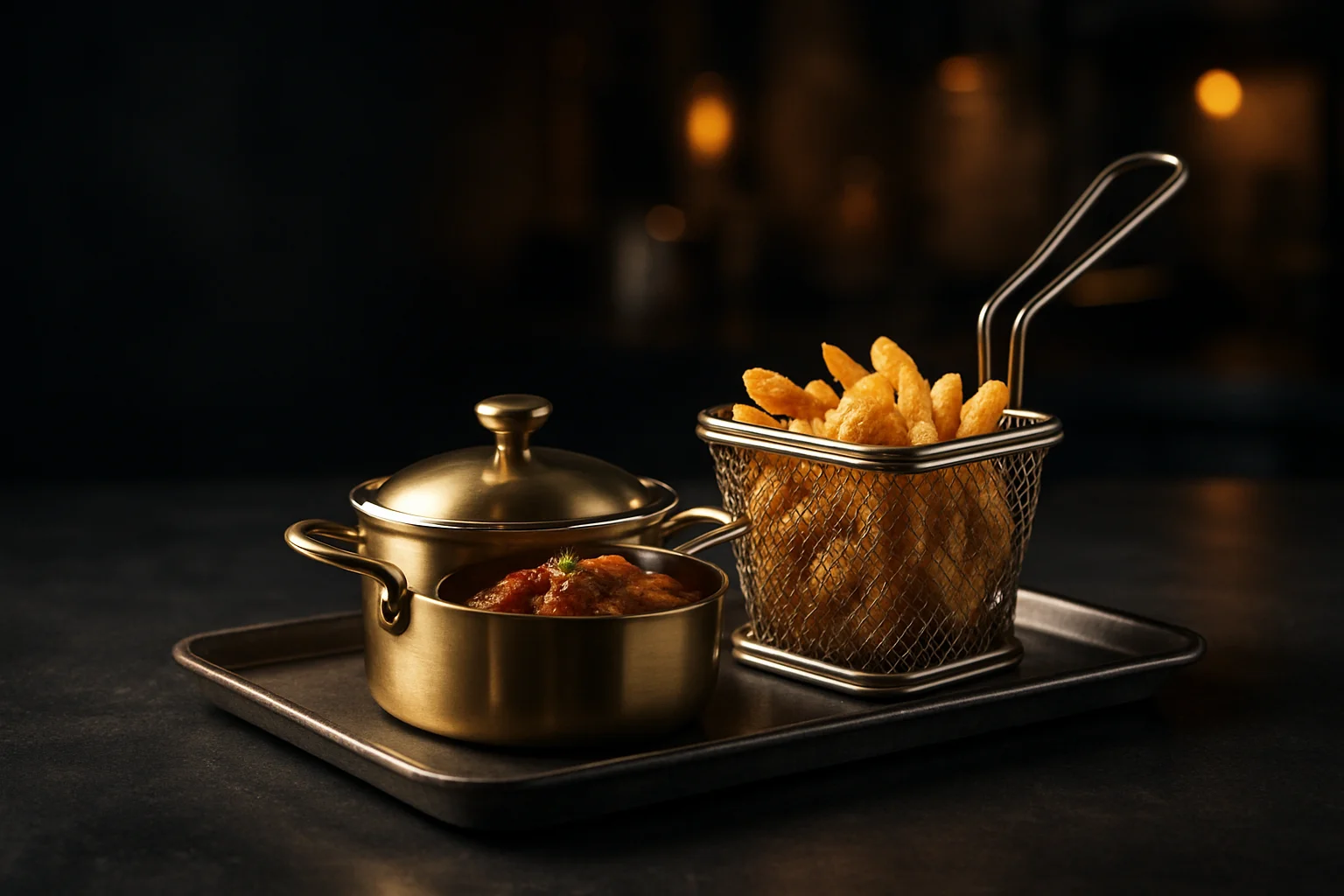 Tablett mit Mini-Servierkasserolle und Mini-Frittierkorb in professioneller Servierumgebung