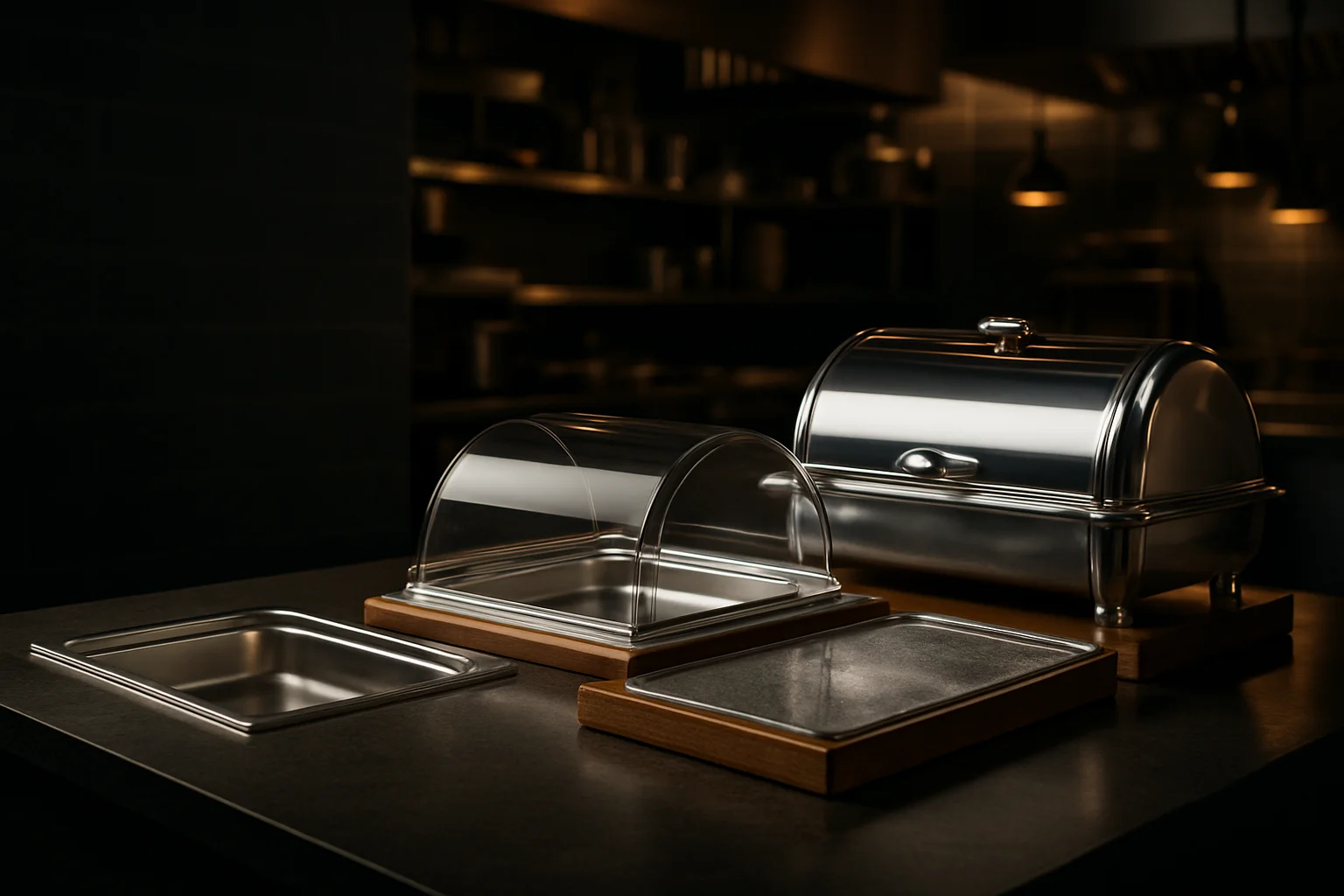 Professionelle Buffetstation mit GN‑Kühlplatte, Abdeckhaube und Roll‑Top‑Deckel