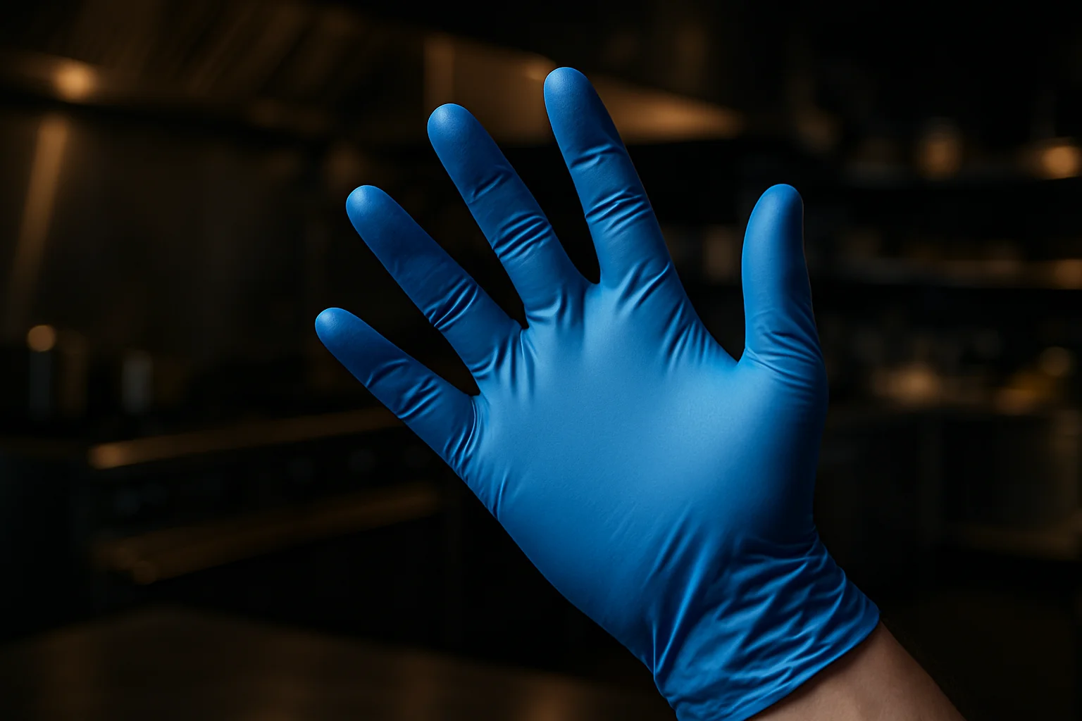Nitrilhandschuh an Hand in professioneller Großküche