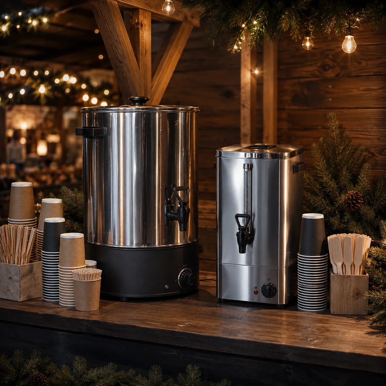 Heißgetränkespender und Glühweinkocher für einen gastronomischen Weihnachtsmarktstand