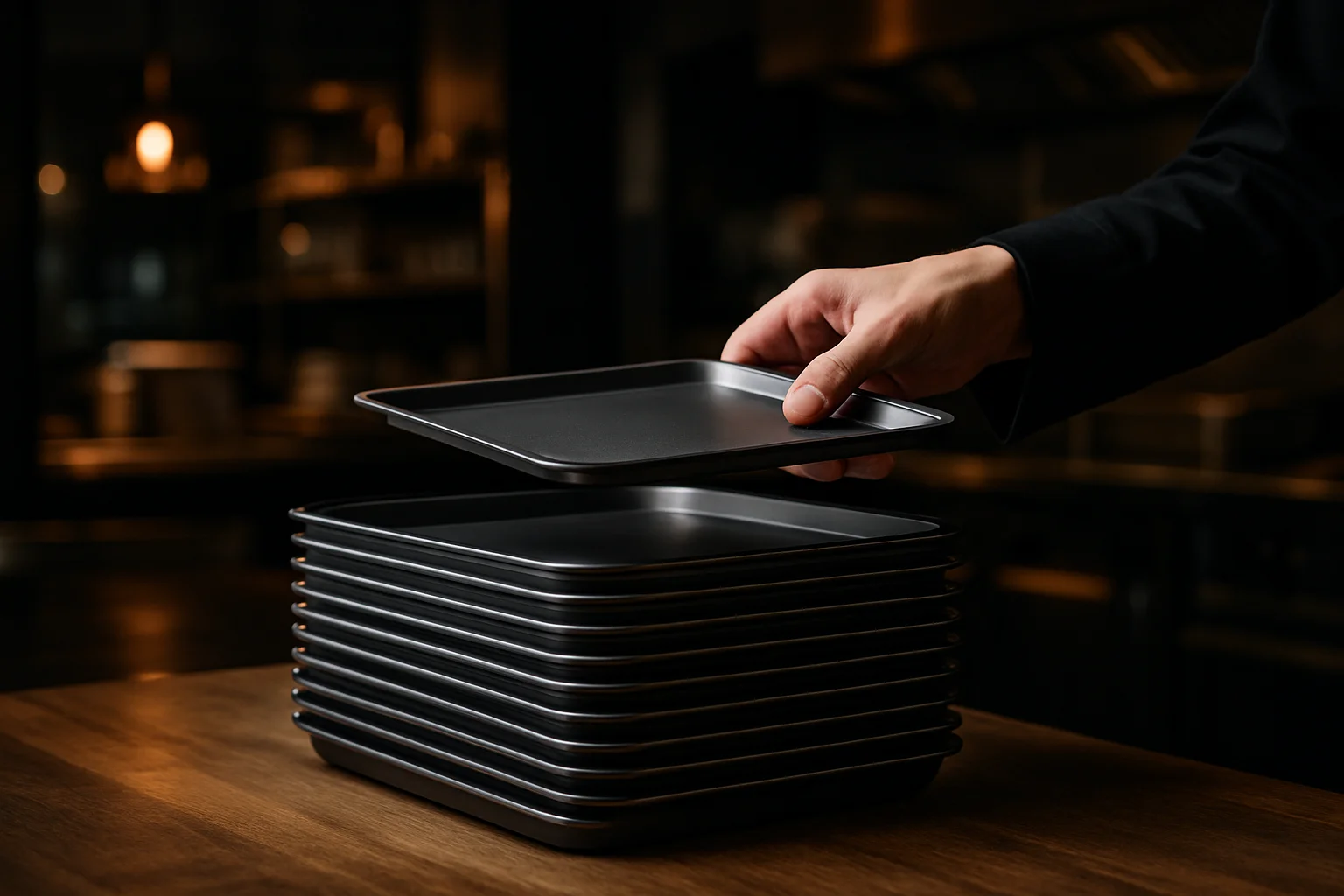 Gestapelte Tabletts und eine Hand beim Greifen eines Tabletts zur Illustration von Stapelbarkeit und Handling