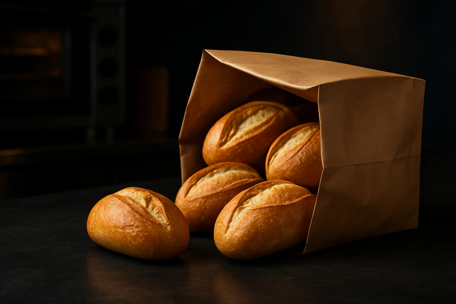 Papierfaltenbeutel mit broetchen aus baeckerei