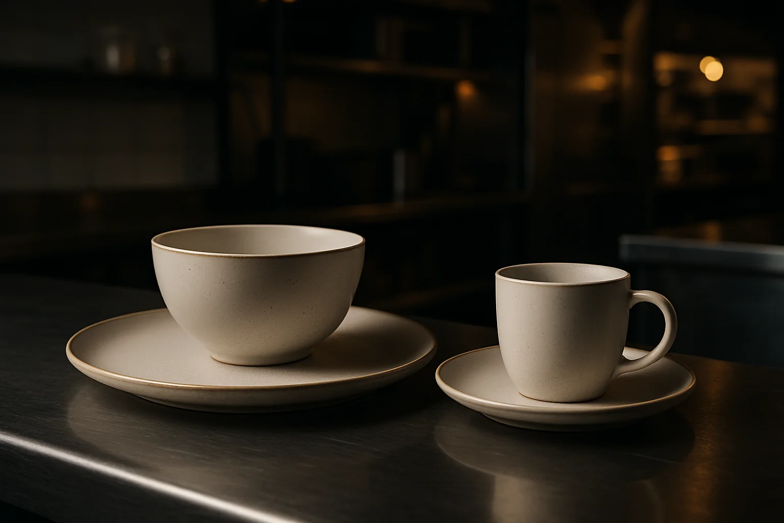 Geschirrserie mit Teller, Schale und Tasse arrangiert