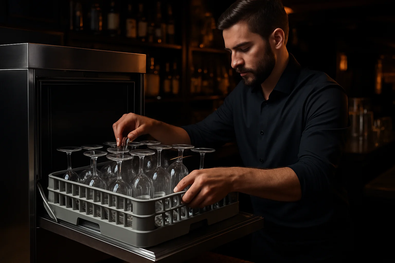 Barkeeper bestückt Korb eines Gläserspülers in professioneller Bar