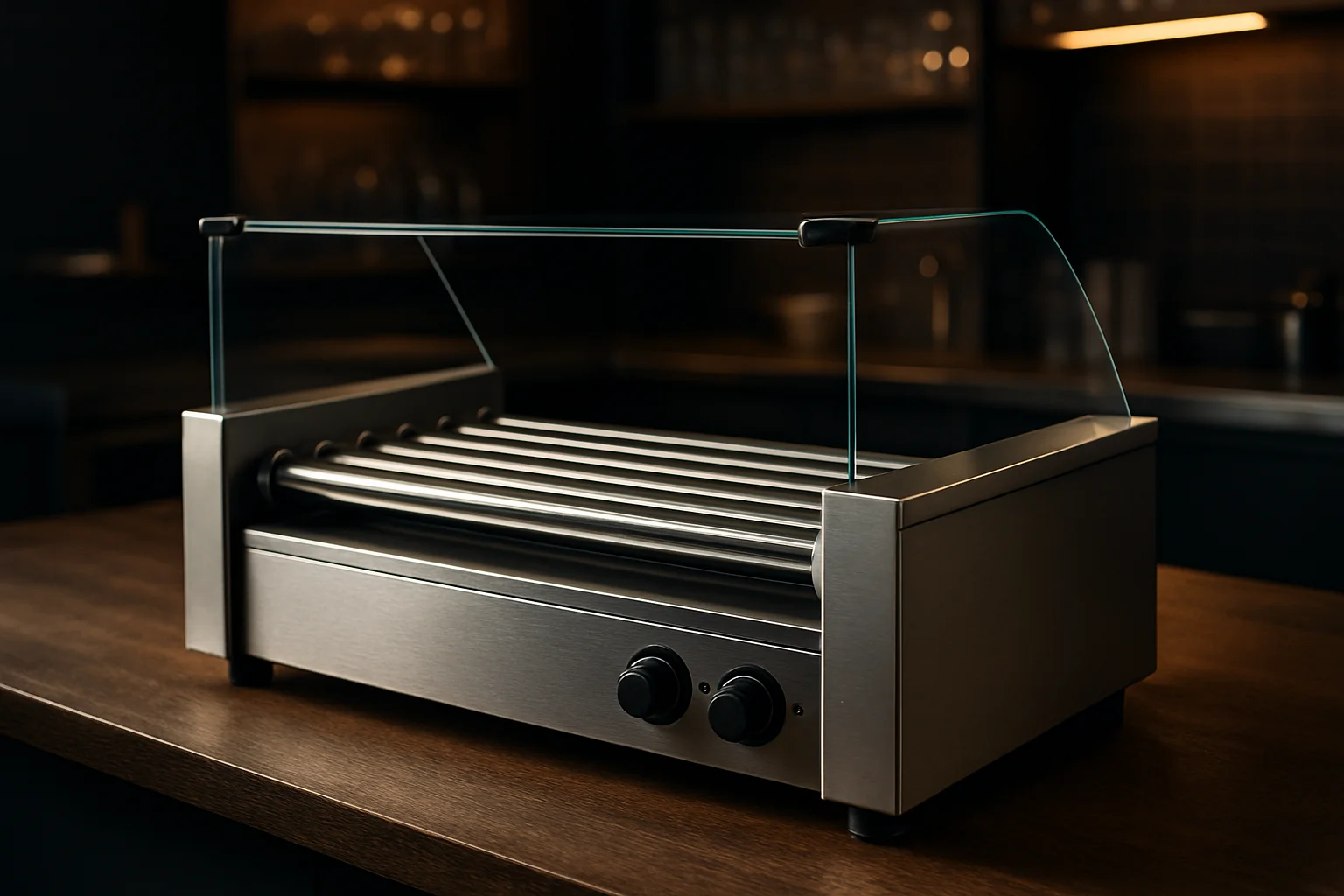 Rollgrill in Thekenumgebung, Detail der Rollen und des Aufbaus