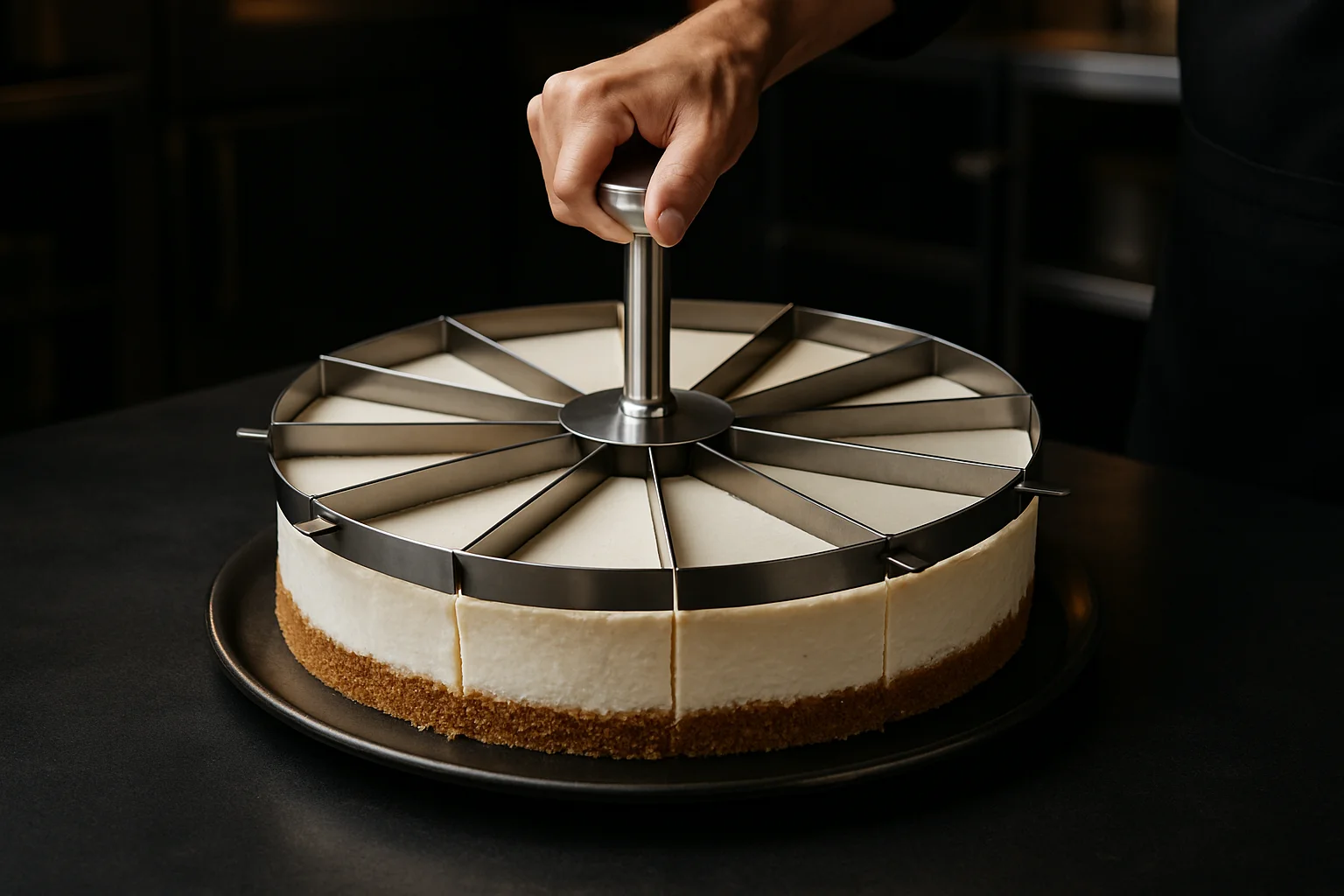 tortenteiler beim portionsschneiden einer torte auf platte