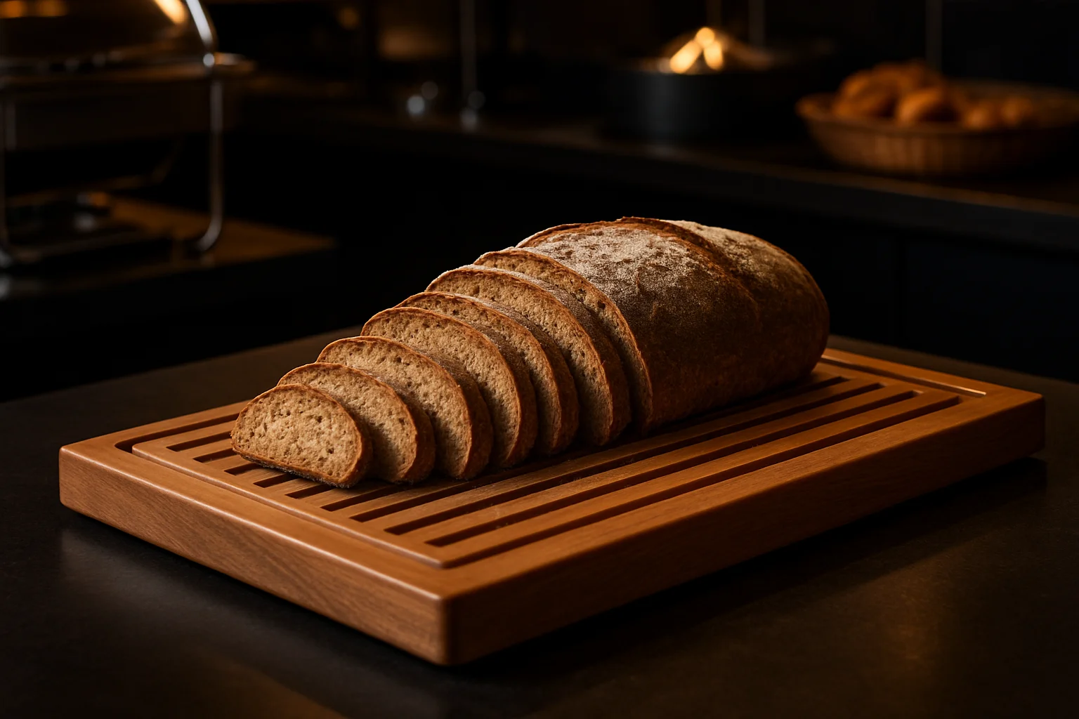 Brotschneidebrett mit aufgeschnittenem Brot im Buffet