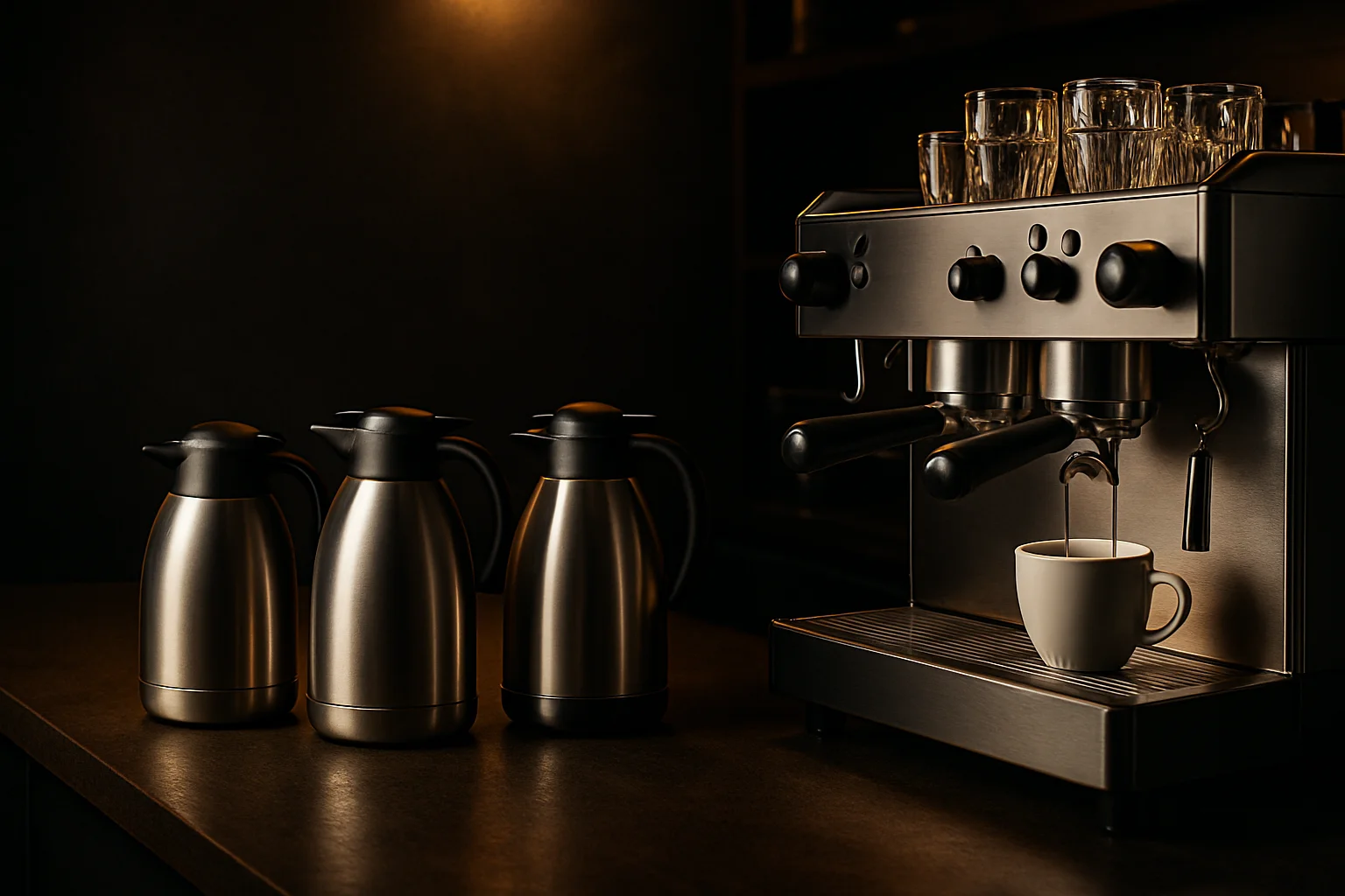 Thekenansicht mit Kaffeemaschine und Thermoskannen in Profi-Umgebung