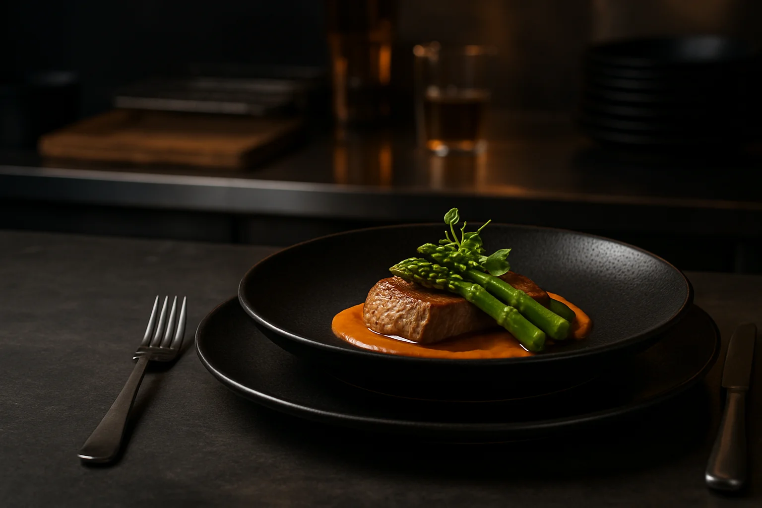 Geschirrserie auf professionellem Gastro-Tabletop, Teller als Hauptmotiv